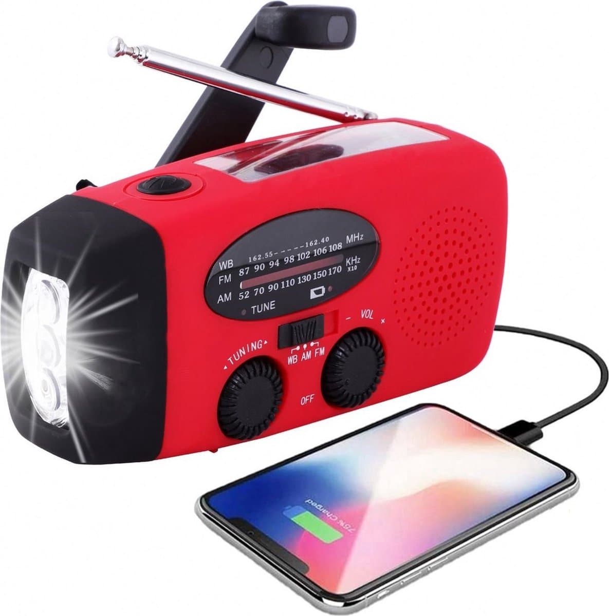 Rode Noodradio - Noodradio Opwindbaar - Noodradio op zonne-energie - fm noodradio - Dynamo Radio - radio - fm radio - powerbank noodradio - radio met zaklamp — afbeelding 1