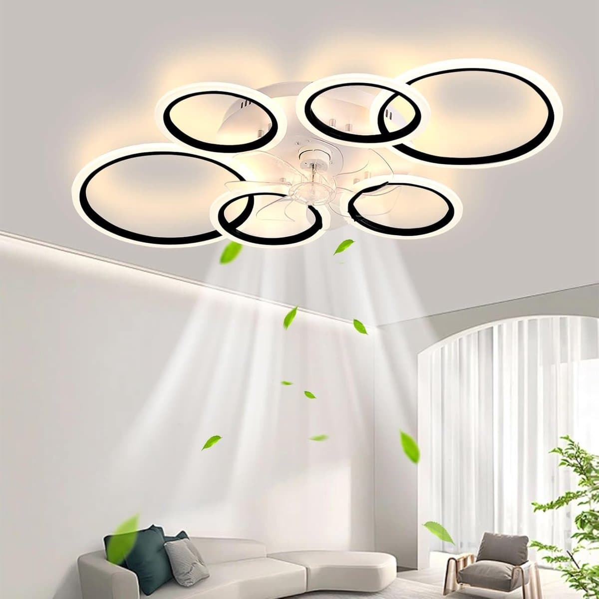 LuxiLamps - 6 Ringen LED Plafondventilator - Zwart - 6 Snelheden - Smart lamp - Dimbaar Met Afstandsbediening & APP - Moderne Cirkel Ventilator Licht - Kroonluchter Ventilator — afbeelding 1