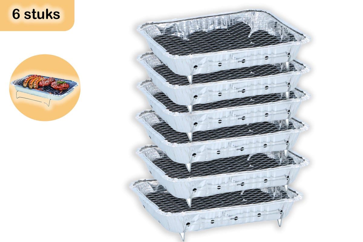 Wegwerpbarbecue 6 stuks – Instant BBQ met 600g Houtskool – Gebruiksklaar voor Camping, Picknick en Strand — afbeelding 1