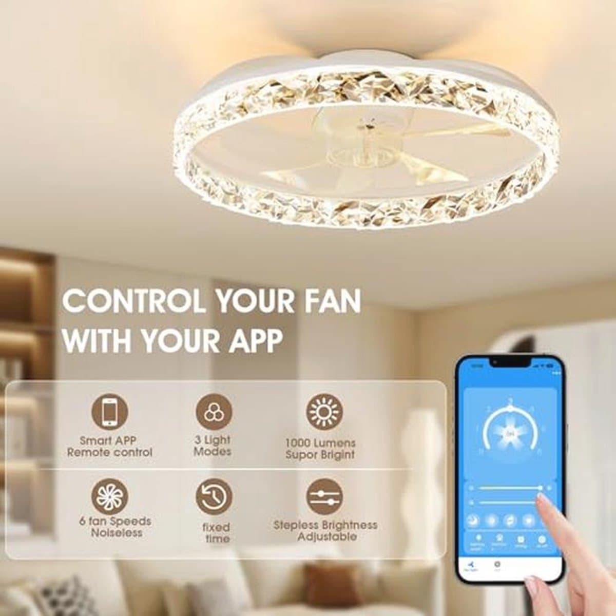 Dimbare LED Plafondventilator met Afstandsbediening en Lampen - Laag Profiel, Traploos Kleur Temperatuur en 6 Snelheden — afbeelding 1