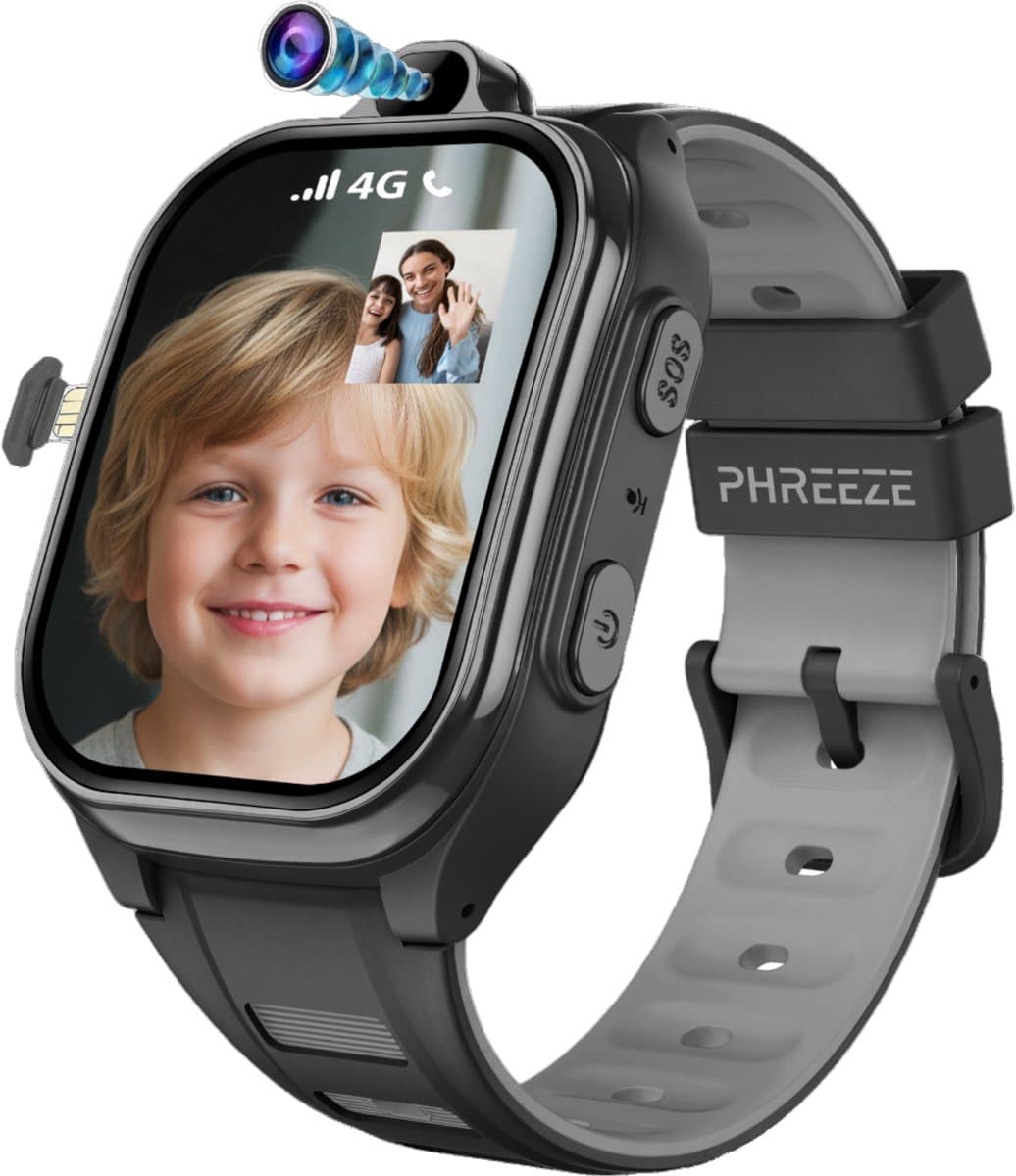 Phreeze Smartwatch Kinderen - GPS Horloge Kind - Kinderhorloge voor Jongen en Meisje - Waterdicht - 4G - Met Simkaart - Belfunctie - Video - Bellen - Spelletjes - Stappenteller - Alarmen - SOS - Zwart — afbeelding 1
