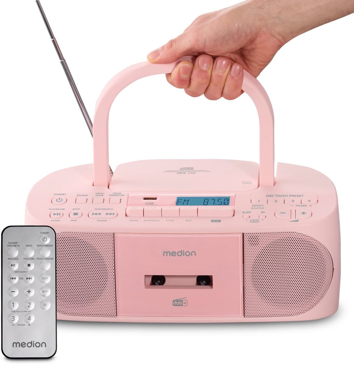MEDION DRX-1 Plus Boombox (draagbare DAB+ & FM-radio, Bluetooth, cd-speler, MP3, cassette, hoofdtelefoonaansluiting, stereo, AUX, netstroom & batterijen) roze — afbeelding 1