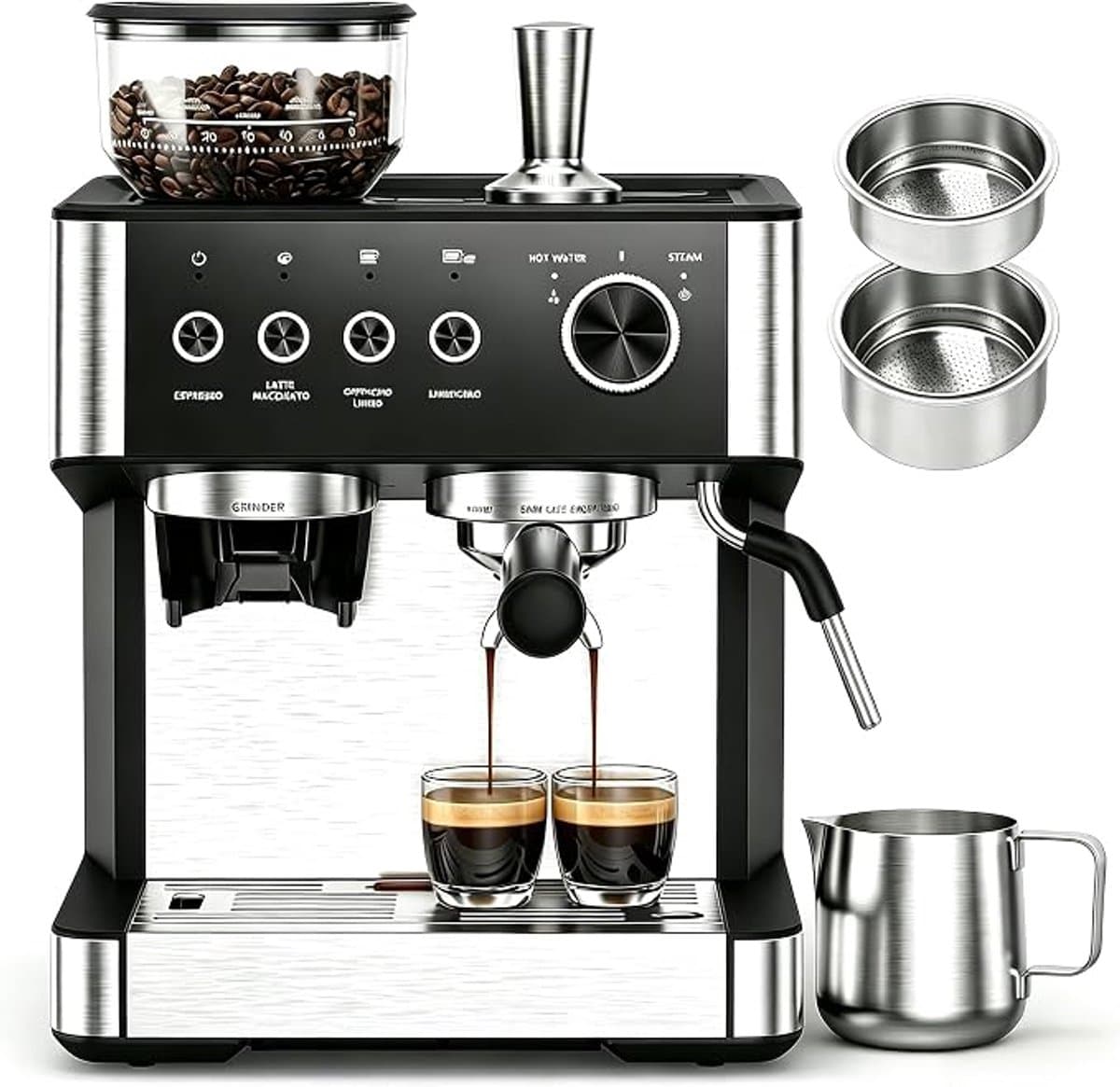 Espressomachine met geïntegreerde Bonenmaler - 20 Bar - 30 Maalstanden - 2,3L Watertank - 270g Bonenreservoir - Melkopschuimer - Zelfreinigend - Cold Brew - Voor Thuis en Kantoor — afbeelding 1