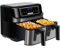 Digitale airfryer - PFAS-vrij - 9 liter - Heteluchtfriteuse - Zwart - Digitaal scherm - 8 voorinstellingen - Verstelbaar grillrack - 2 onafhankelijke 4,5L lades - LED-touchscreen