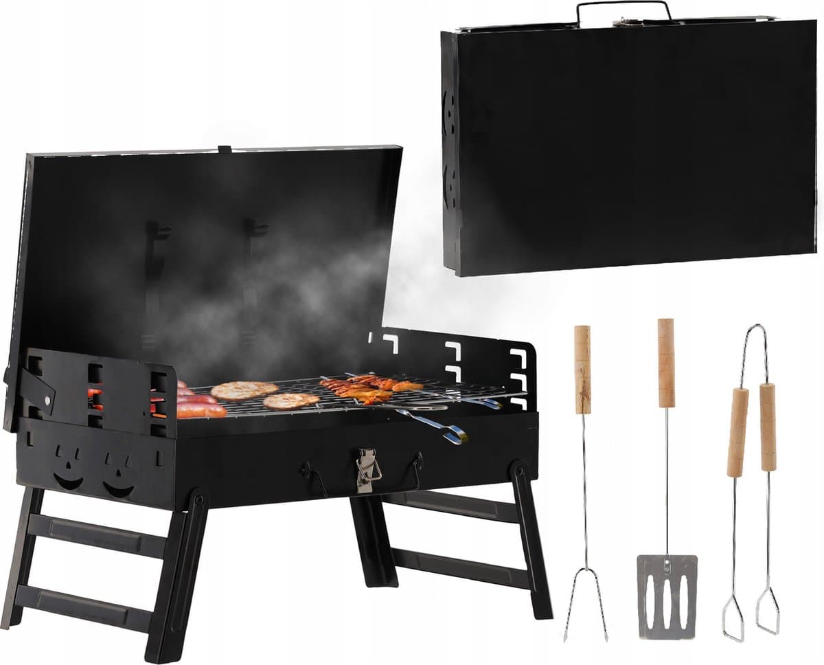 Opvouwbare toeristengrill/barbecue met vorken en spatel, koffer, 44x23x48 cm — afbeelding 1