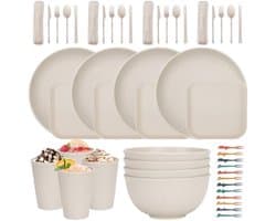 48-delige onbreekbare serviesset voor 4 personen - Plastic picknickdinersets - Lichtgewicht borden, kommen, kopjes, bestek