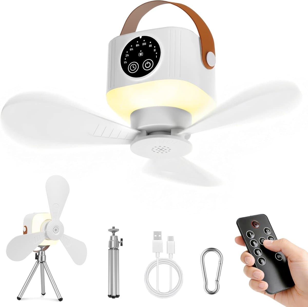 Plafondventilator met verlichting en 7200 mAh accu, geschikt voor binnen- en buitengebruik, stille oplaadbare draagbare ventilator van 35 dB, 3-in-1: campingventilator, bureauventilator, plafondventilator en draagbare ventilator. — afbeelding 1