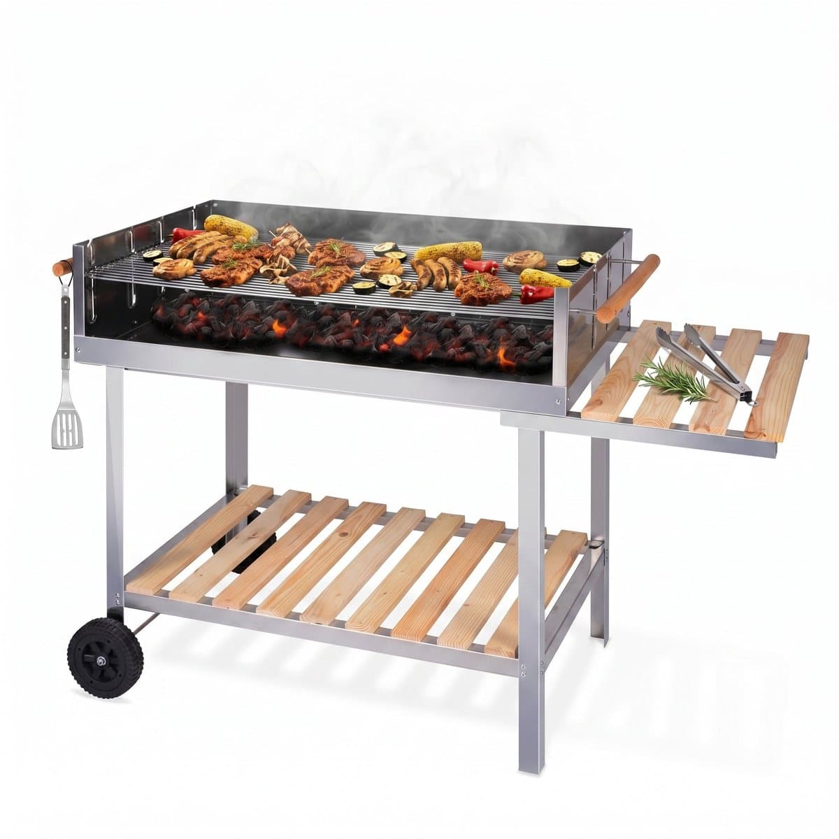 Lomera BBQ Trolley - Houtskoolbarbecue - Verrijdbare Barbecue - Grillwagen - Barbecuewagen - BBQ op Wielen - RVS Barbecue - Houtskool BBQ met Zijtafel - Buitenkeuken - BBQ Wagen - Tuinbarbecue - Barbecue — afbeelding 1