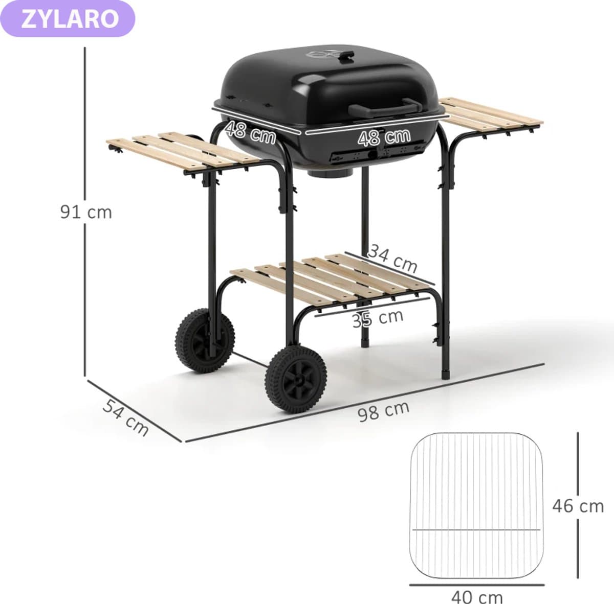 Premie Stalen Houtskool Barbecue - Smoker Barbecue - Houtskoolgrill - Grillwagen met Afsluitbaar Deksel, Wielen, Handvat, Houten Plank - BBQ voor Kamperen, Buiten, Tuin - 98 x 54 x 91 cm - Zwart — afbeelding 1