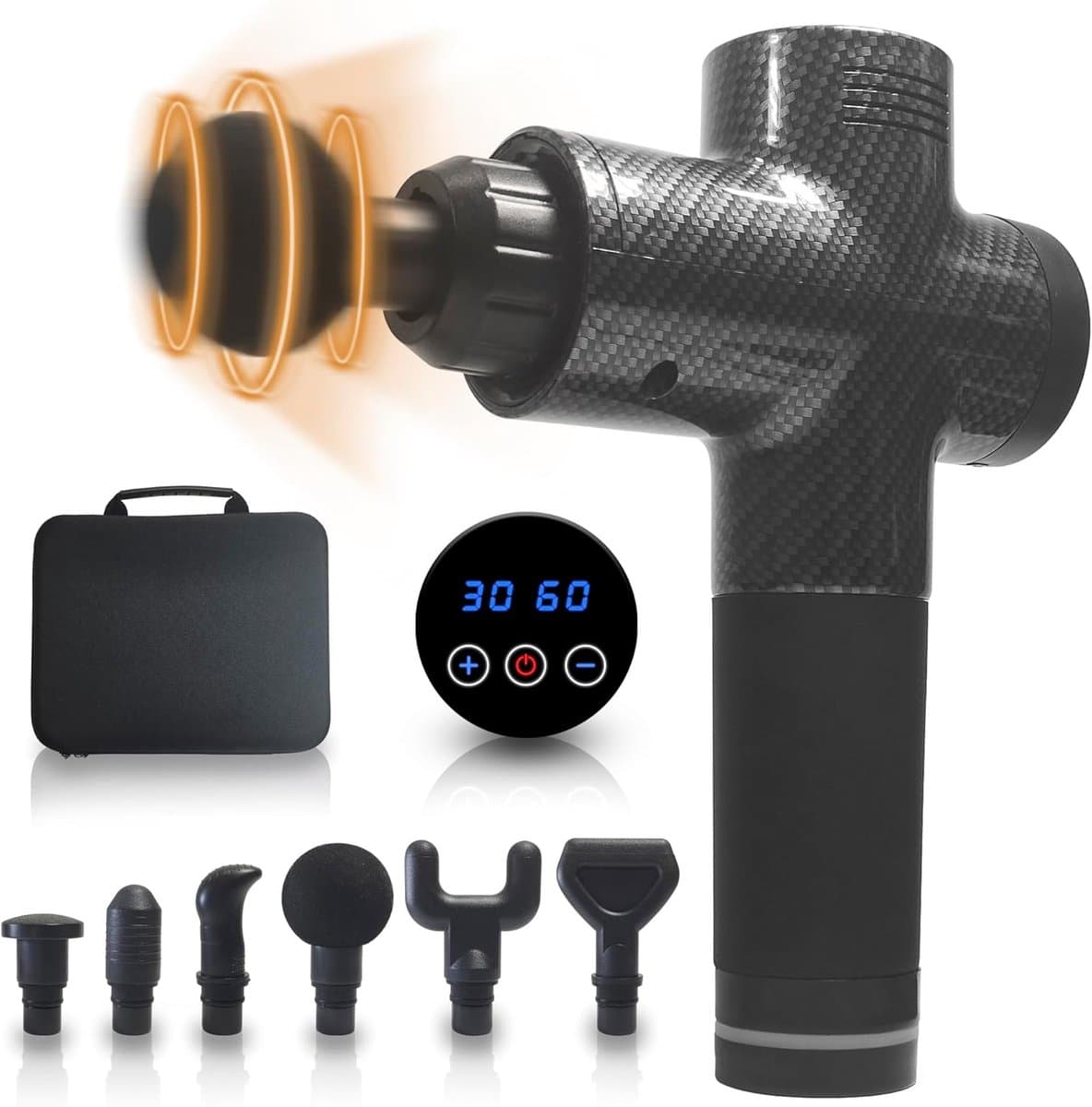 Spiermassagepistool - Herstel Tool - Spierpijn Verlichten - 30 Snelheden 6 Koppen - 10x28x23cm - Carbon Zwart — afbeelding 1