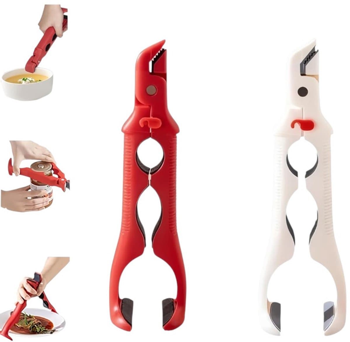 2 stuks - Anti-verbrandingsklemmen voor borden - RVS-grippers voor hete platen - Hittebestendig - voor airfryers - Wit - Rood - Westmark oventang - met rubberen handvat — afbeelding 1