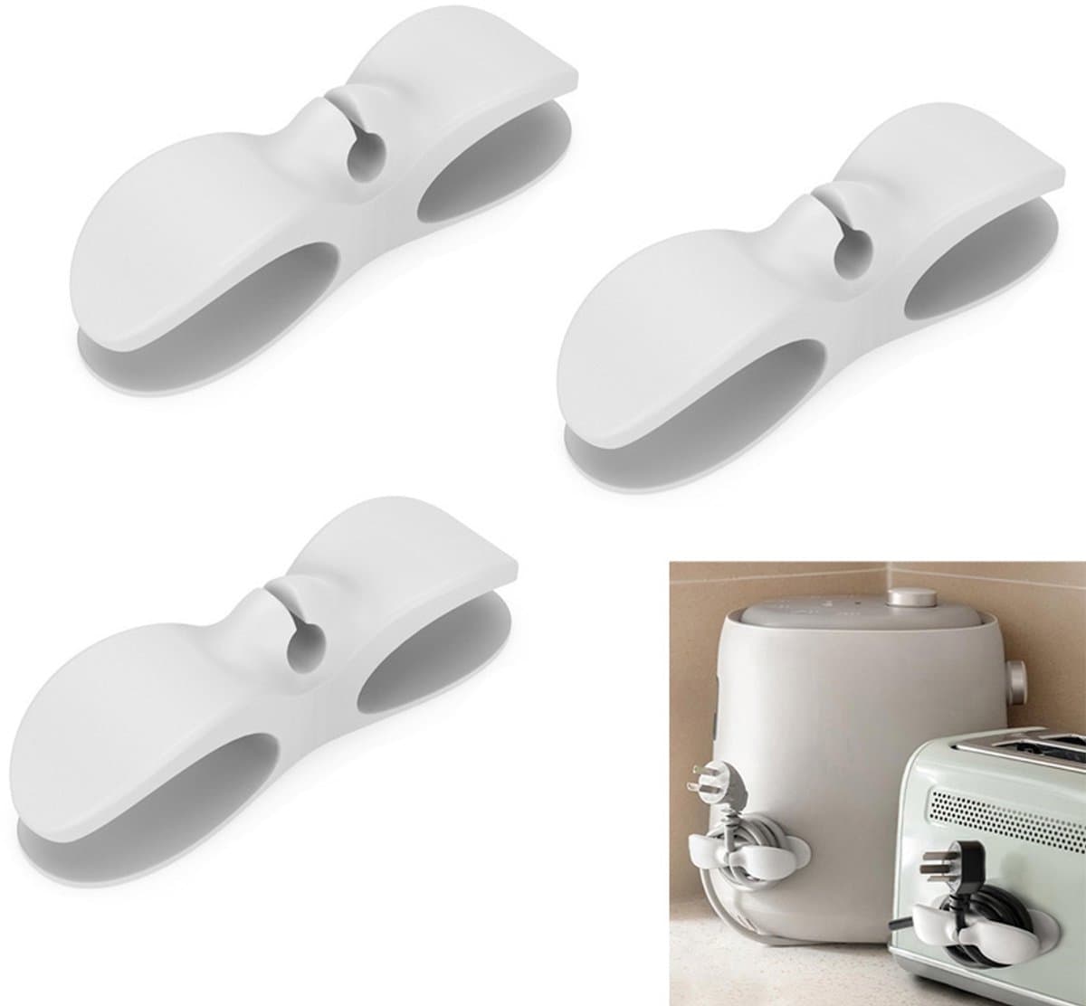3-stuks Snoerorganizer voor apparaten - Zelfklevende snoerorganizer - Met sterke lijm - Bevestigt snoeren - Handig en netjes - Geschikt voor airfryers, koffiezetapparaten, blenders, broodroosters - Wit — afbeelding 1