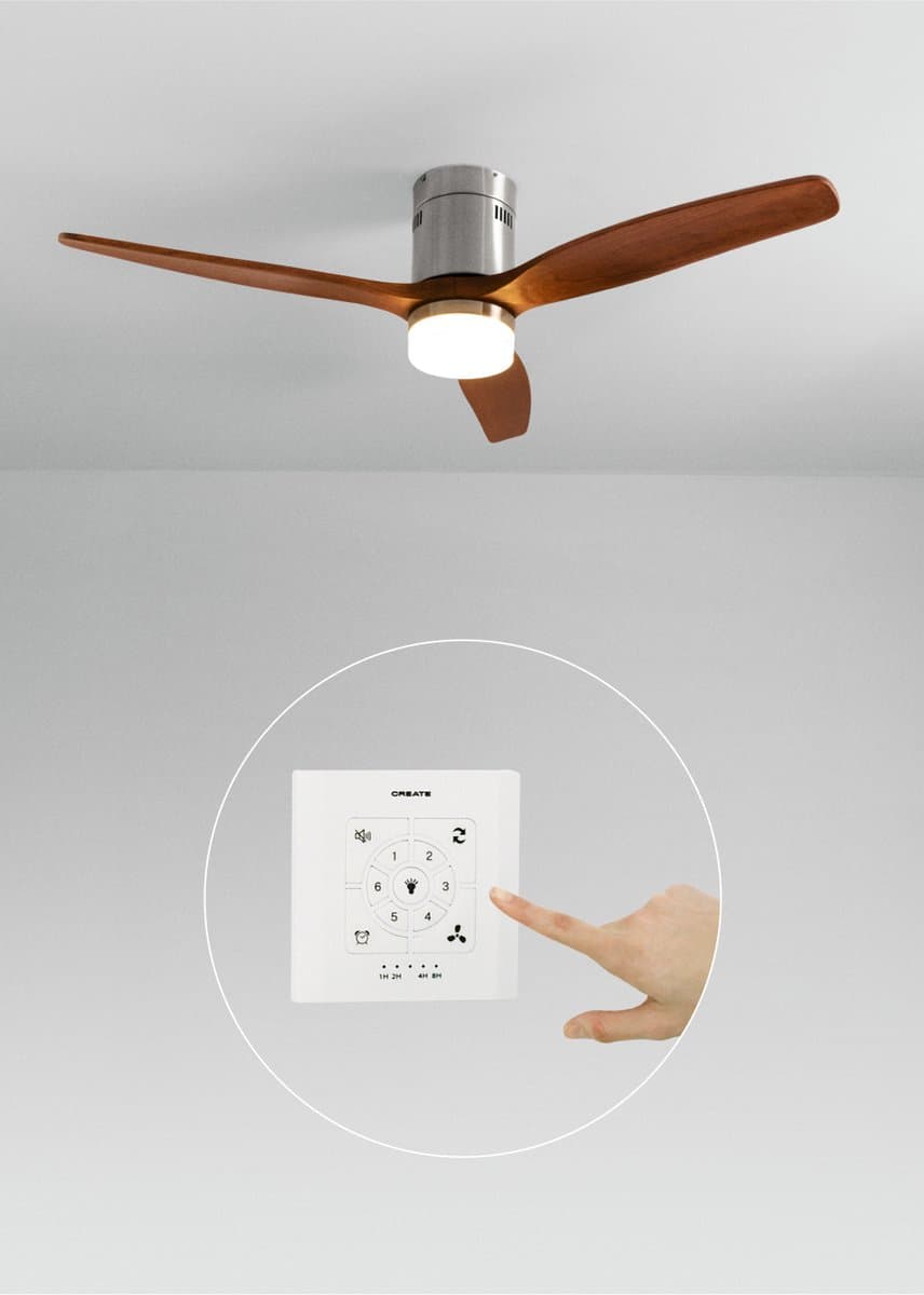 CREATE - Plafondventilator 40W silent 100% hout (Ø132cm) (ruimtes 10m²-25m²) - Nikkel / Donker hout - Met licht - Controller voor wandmontage + afstandsbediening- WIND CALM NATURAL WOOD — afbeelding 1