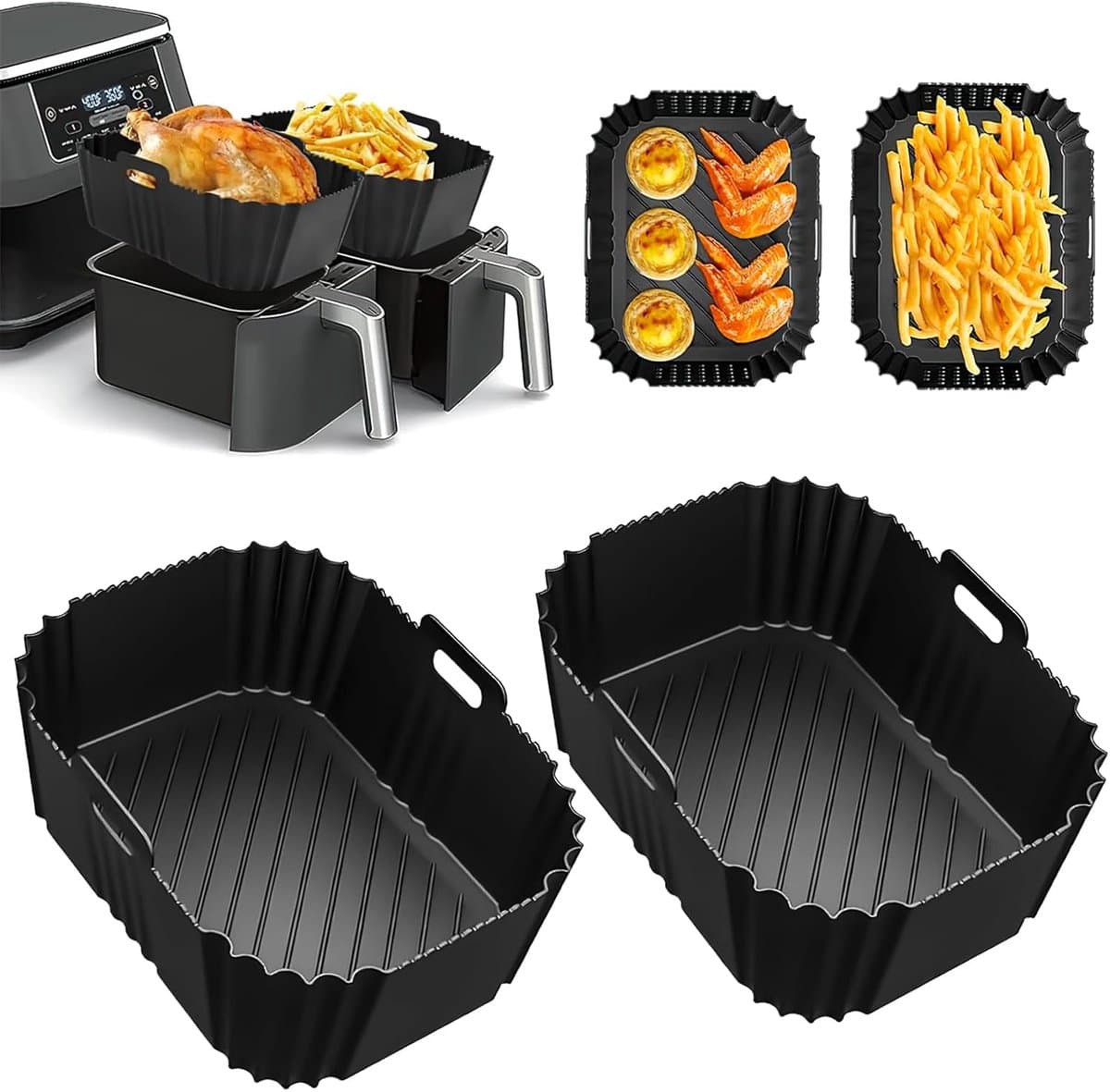 Voor Ninja Foodi Max Dual Zone Air Fryer Accessoires - Set van 2 vierkante siliconen bakplaten - Compatibel met AF300EU, AF400EU en andere Dual Zone-modellen - Zwart — afbeelding 1