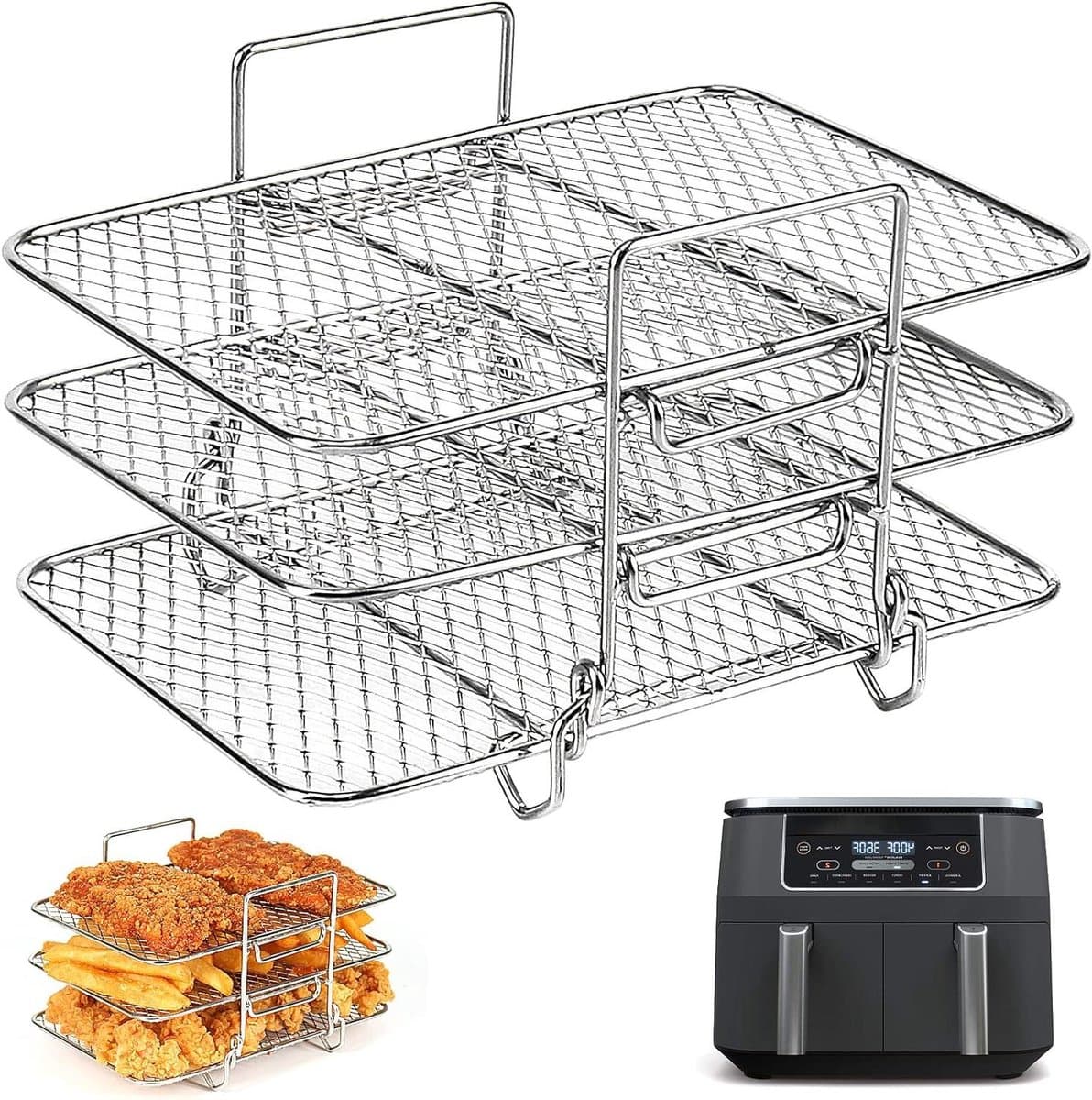 Allecto Premium - Airfryer accessoires - RVS rekken voor drielaags Ninja Dual AF300UK AF400UK - Grillrek voor friteuse met dubbele lade. — afbeelding 1