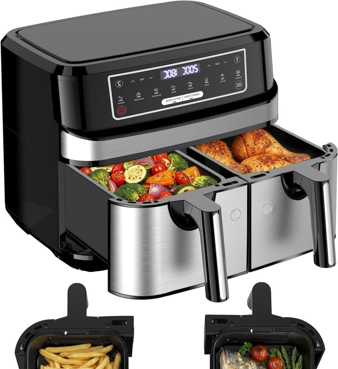 Airfryer met Dubbel Compartiment - Dubbele Airfryer - Gezond Koken - Twee Aparte Zones - 9 Liter - Zilver — afbeelding 1