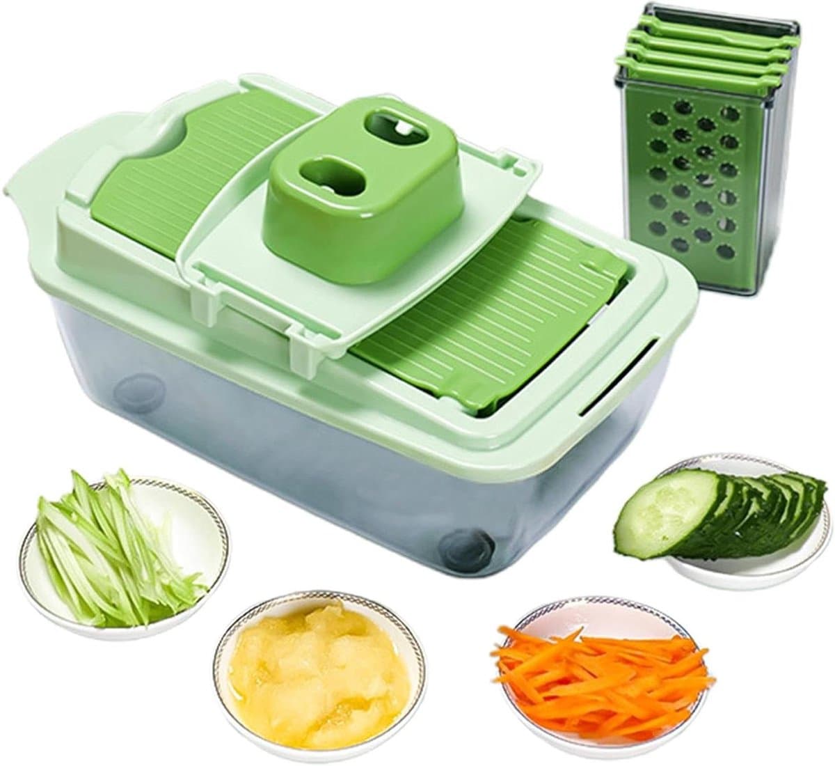 Groentehakselaar met Container - Keuken Snijder - Maaltijden Voorbereiden - Roestvrijstalen Messen - 28.4 x 13.9 x 10.2 cm - Wit — afbeelding 1