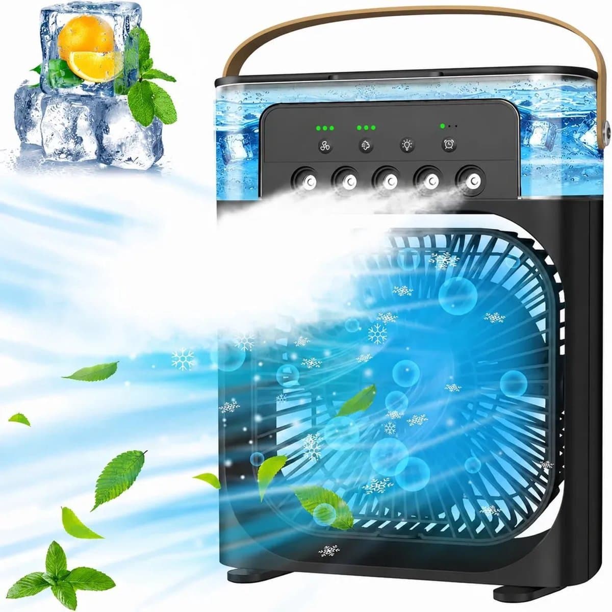 Deze 4-in-1 draagbare airconditioner combineert airconditioning, een ventilator, drie ventilatorsnelheden, een timer, een luchtbevochtiger (600 ml waterreservoir), USB-opladen, een luchtkoeler en een stille modus – in het zwart. — afbeelding 1