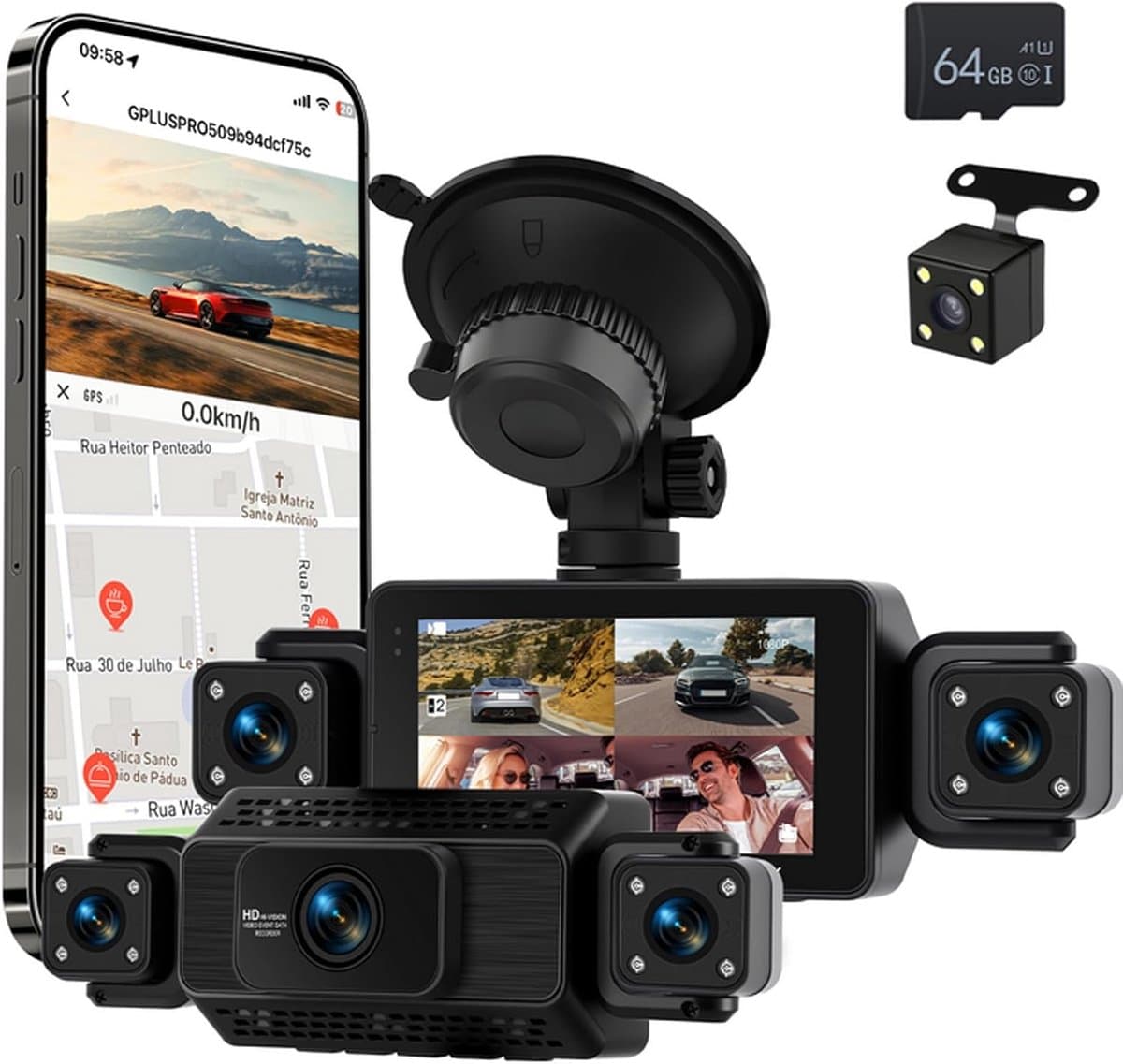 SnelShoppen - 360 Graden Auto Dashcam 4 Kanalen 1080P met Wifi, 3 Inch IPS-Scherm, 64 GB, G-Sensor, Achteruitrijcamera, 24 Uur Parkeermodus, Nachtzich — afbeelding 1