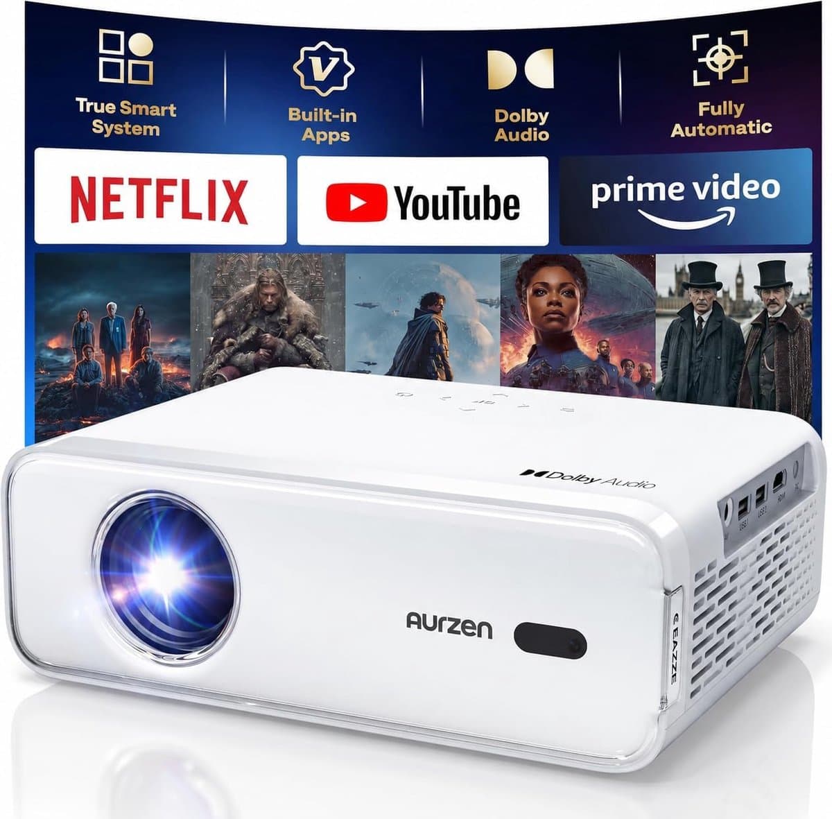 SnelShoppen - Videoprojector 4K Mini Beamer, Full HD 1080p, Draagbaar, Auto Focus/Keystone, WiFi, Bluetooth, HDR10, Officieel Netflix, Perfect voor Fe — afbeelding 1