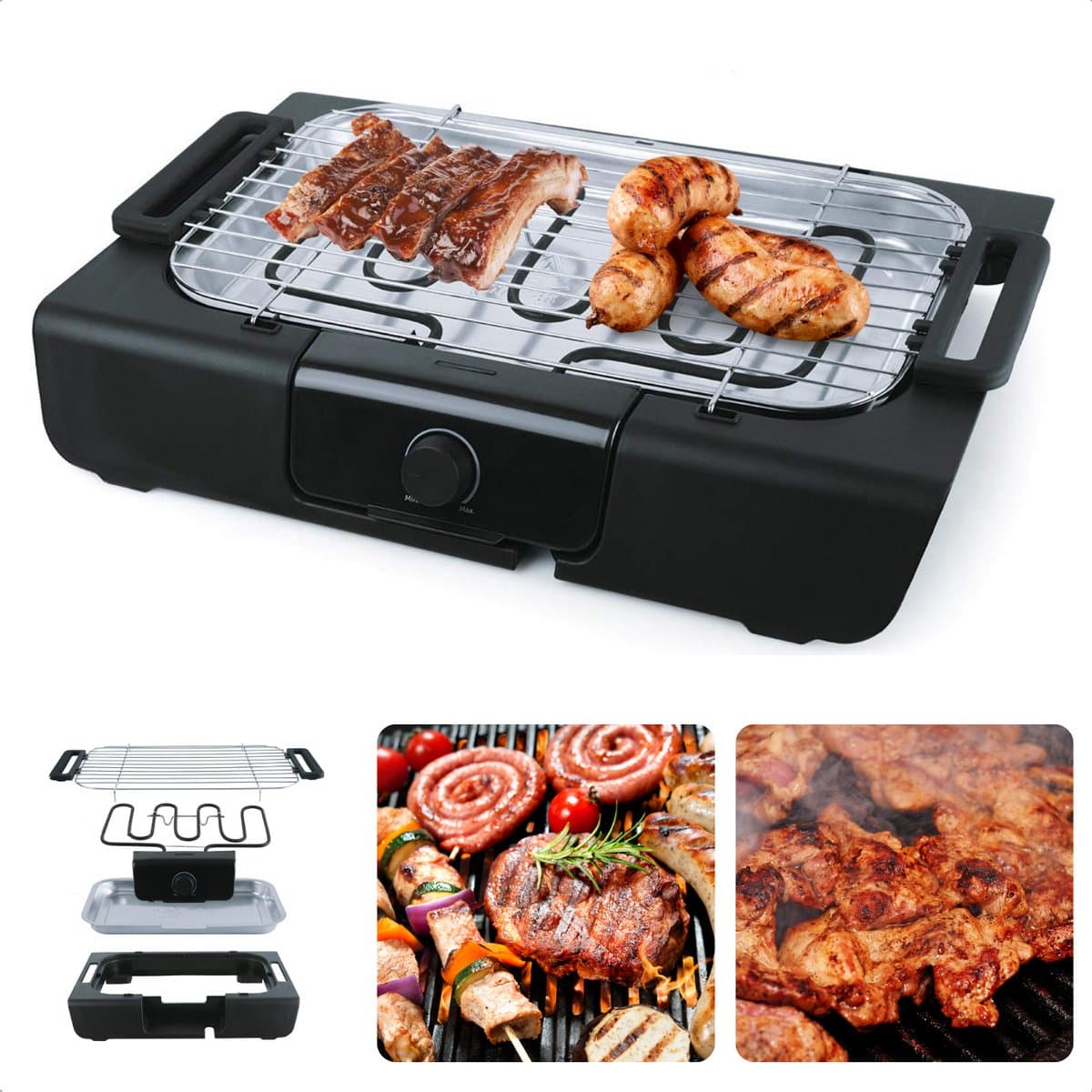 Elektrische Tafel Barbecue - Grillplaat 42x24 cm - Afneembaar Grillrooster - RVS - Kunststof - 50,5x36,5x9cm - Met Metalen Waterreservoir - Verstelbare Thermostaat - Veiligheidsvergrendeling - 2000 Watt - Elektrische BBQ - Tafelmodel — afbeelding 1