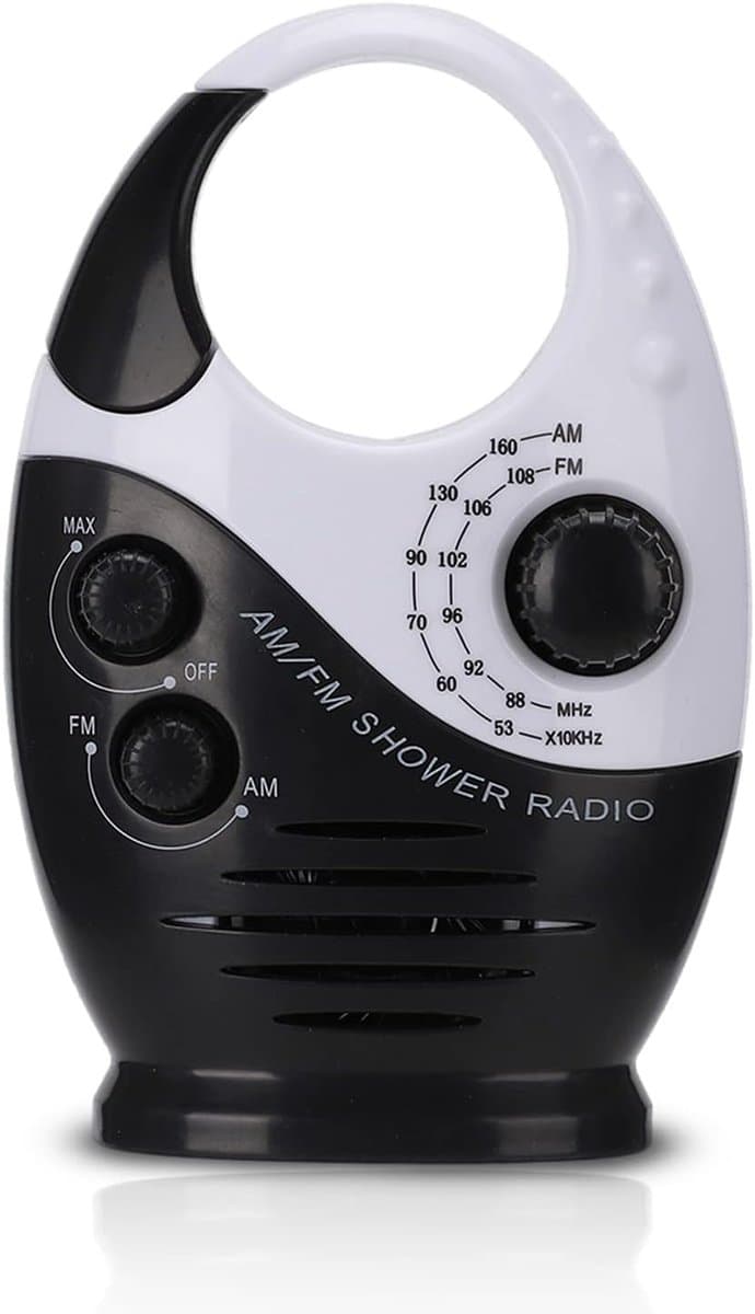 Waterdichte doucheradio, Multifunctionele draagbare AM/FM-radio met haak, ingebouwde luidspreker, op batterijen werkende radio voor badkamer, keuken en buitengebruik Dagelijks waterdicht,Zwart - Cyslmuk® — afbeelding 1