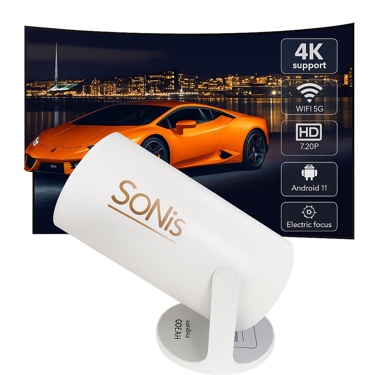 SoNis Premium Mini Beamer - Alles-in-één Smart TV Projector - 2025 model - Android 13.0 - WiFi 6 & Bluetooth 5.2 - 4k ondersteuning - Beamer - Screen mirroring - Home Cinema - Wit — afbeelding 1