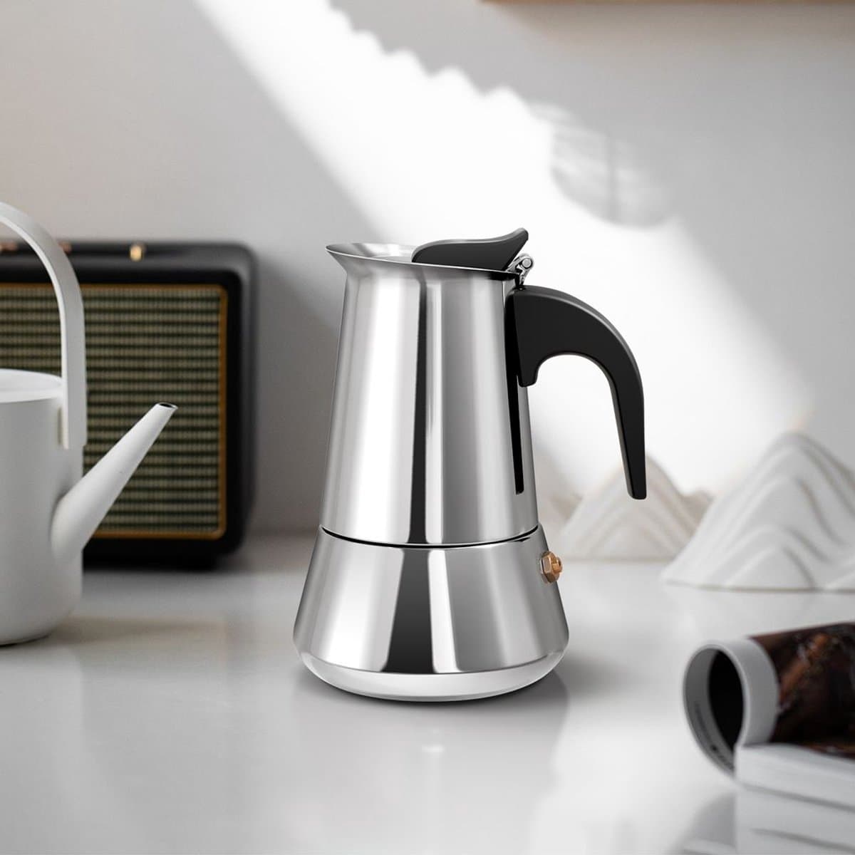 Italiaanse espressomachine, 100 ml, capaciteit voor 2 kopjes, koffiezetapparaat, koffiekan, koffiezetkan, roestvrij staal, geschikt voor inductiekookplaat en open vuur. — afbeelding 1