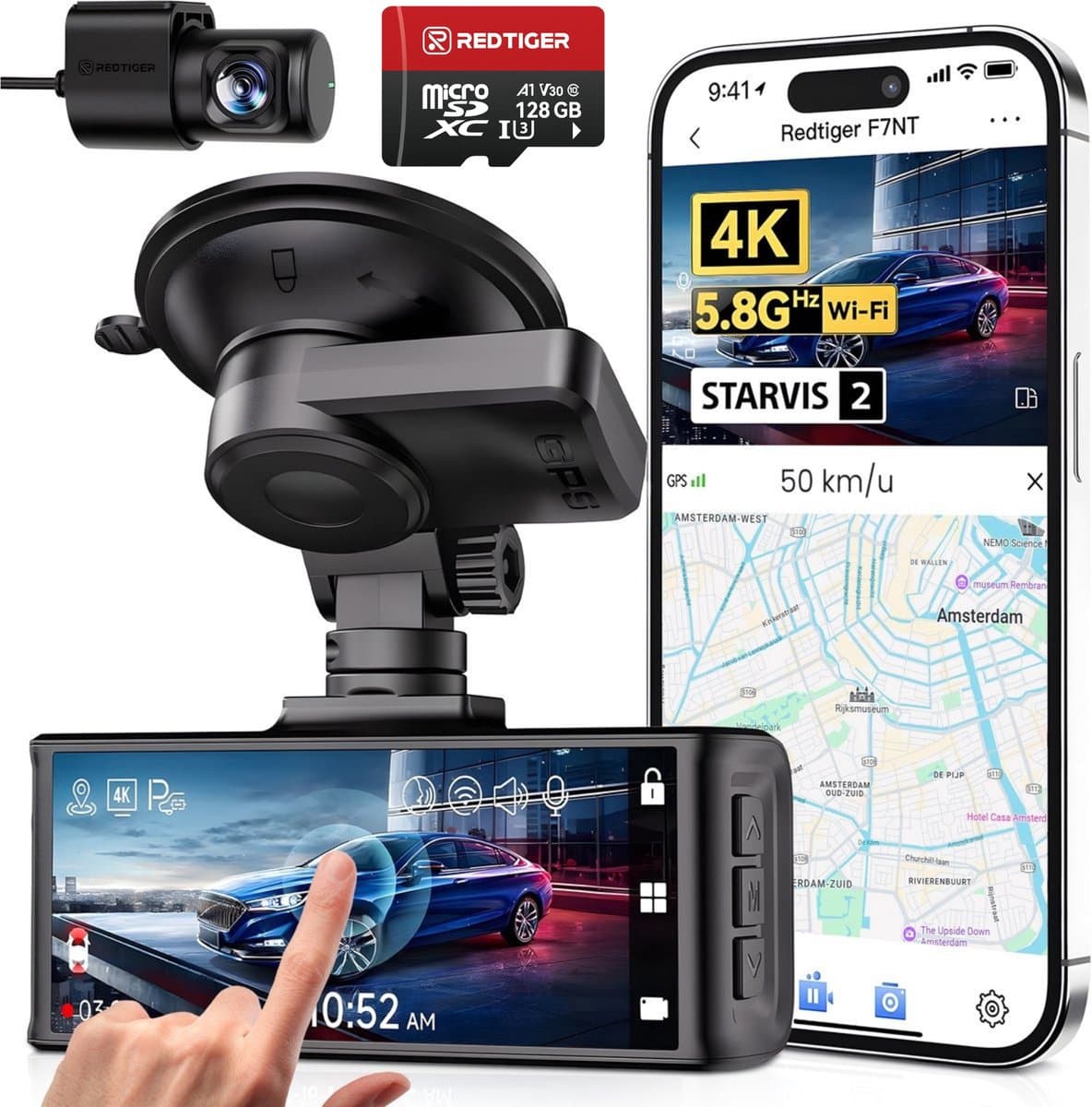 RedTiger F7NTouch - Dual Dashcam voor auto - Ultra 4K & 1080P - Voor en Achter Camera - 2025 model - Met Touchscreen - WiFi en GPS - 3.20 Inch met App - Sony Sensor Nachtzicht - Dashcams - Parkeerbewaking - G Sensor - Loop opname - 128GB SD Kaart — afbeelding 1