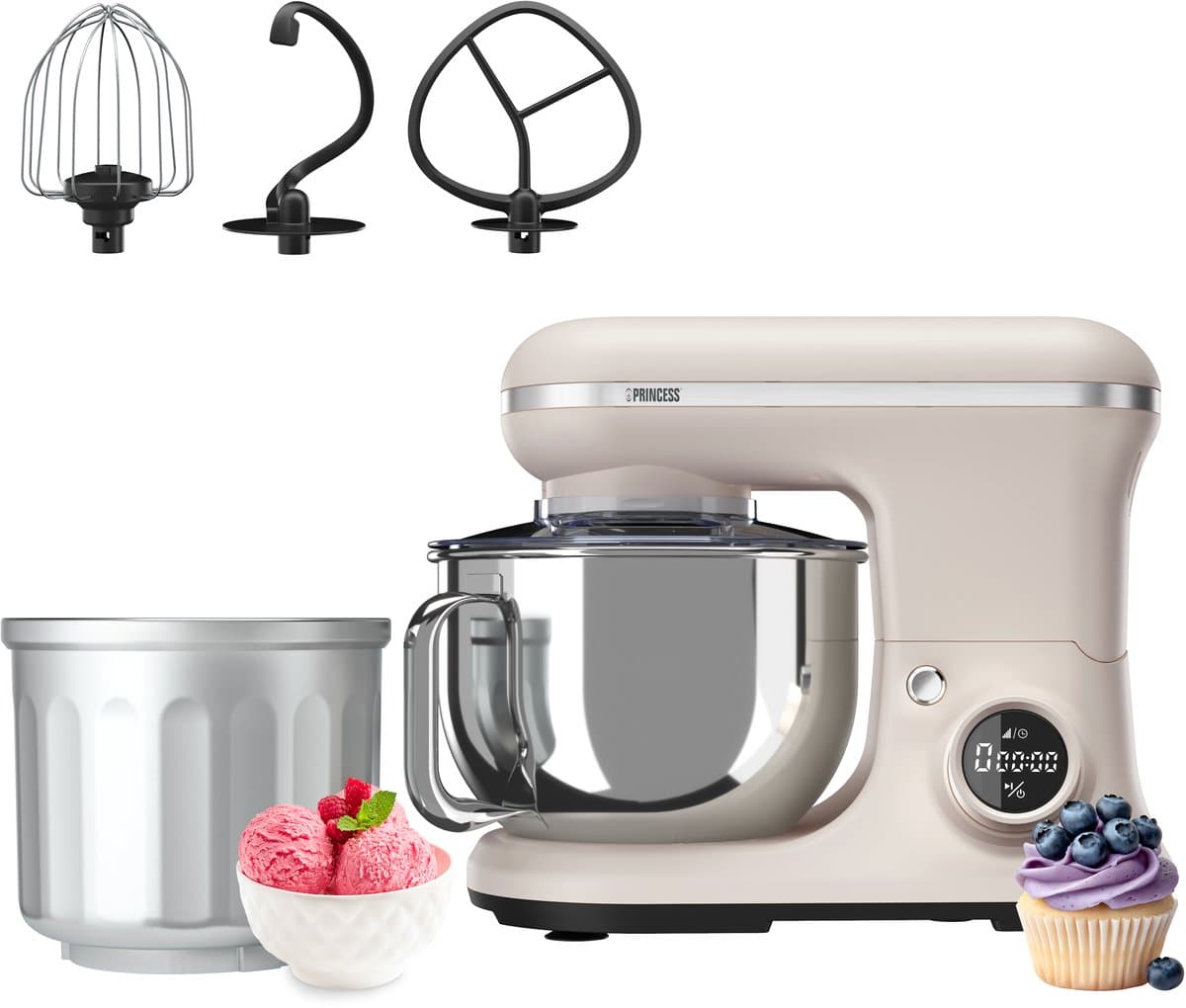 Princess 220138 2-in-1 Keukenmachine en IJsmachine in één - 1200W - 5 liter RVS mengkom - Gratis meegeleverde IJskom voor 1,4 liter ijs - Keukenrobot - Foodprocessor — afbeelding 1
