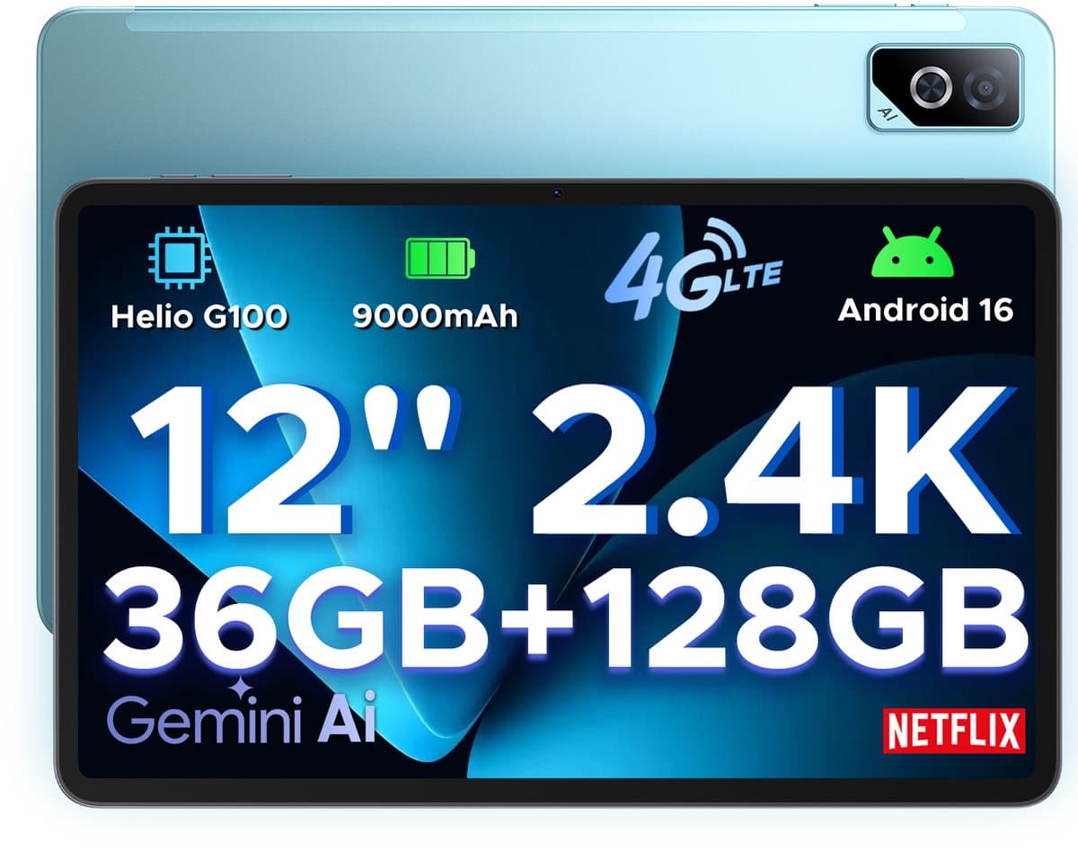 DOOGEE Tab G6 Pro – 12 inch tablet – 9000 mAh/18 W – 36 GB RAM + 128 GB ROM – Android 16 – Gemini AI – 2,4K 90 Hz IPS – Helio G100-chipset – 4G LTE – wifi – dubbele luidsprekers – Face ID — afbeelding 1