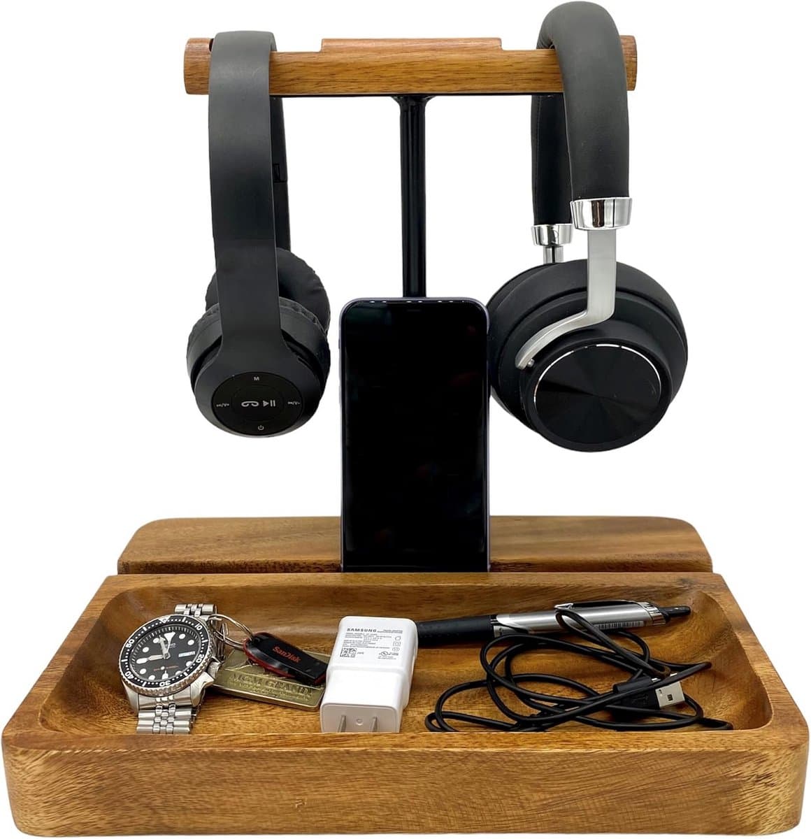 Dubbele Houten Hoofdtelefoonstandaard met Opvangbak - Universele Headset Houder voor Bureau — afbeelding 1