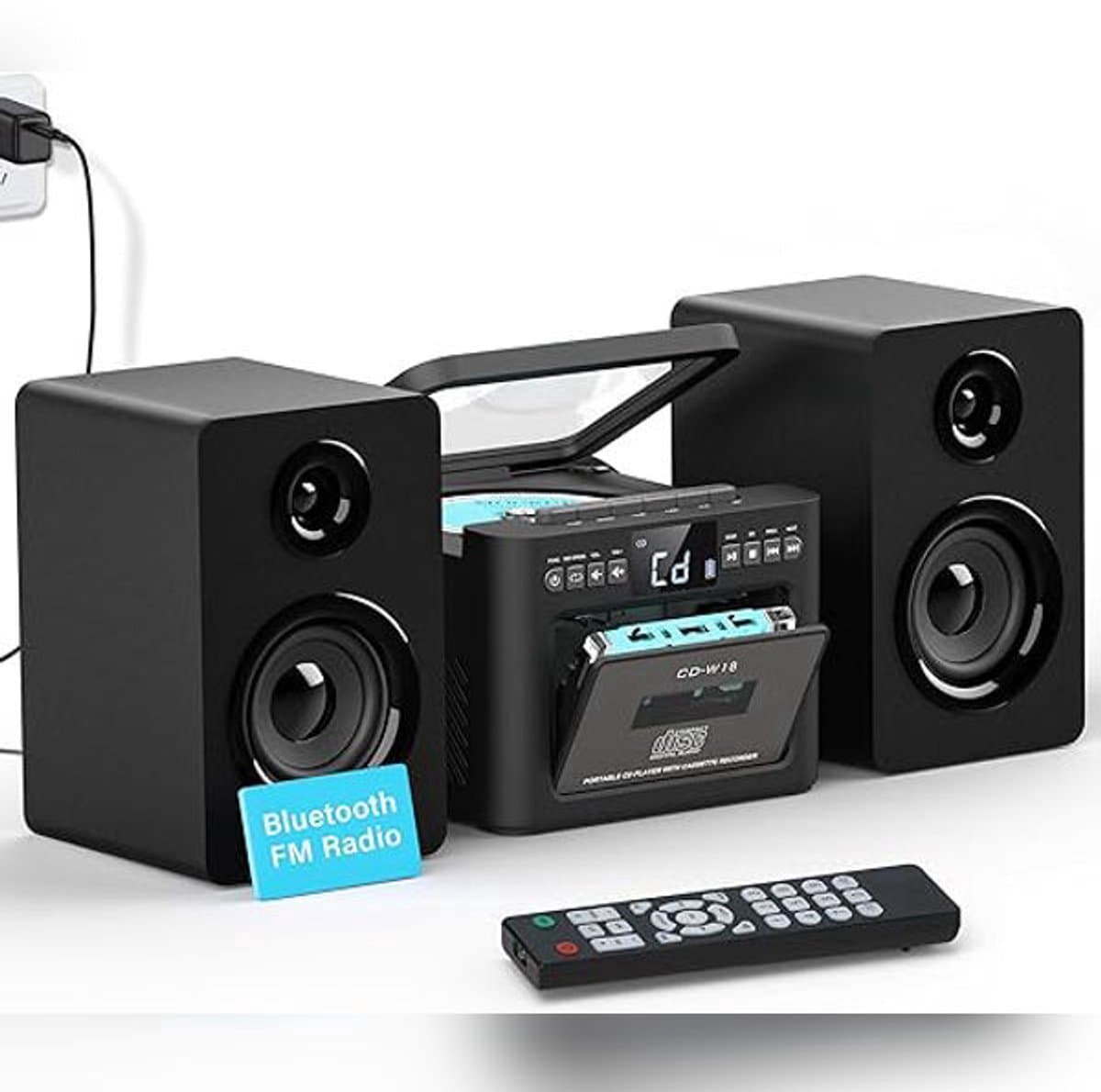 Stereo-installatie 40W met CD-speler & Cassetterecorder – 9-in-1 HiFi Muziekinstallatie met Bluetooth 5.1, FM-radio, USB, TF & Afneembare Houten Luidsprekers | Zwart — afbeelding 1