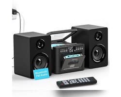 Stereo-installatie 40W met CD-speler & Cassetterecorder – 9-in-1 HiFi Muziekinstallatie met Bluetooth 5.1, FM-radio, USB, TF & Afneembare Houten Luidsprekers | Zwart