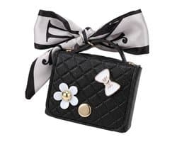 Zwart hoesje voor oordopjes dames met strik en decoratieve details geschikt voor AirPods 4 kunstleer hardcase met ring en lint