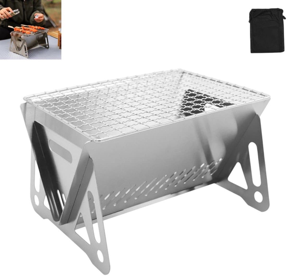 1 stuk - Kleine houtskoolgrill - Opvouwbare mini-houtskoolgrill voor buiten - Draagbare houtskoolgrill - Roestvrijstalen campinggrill - Geschikt voor buiten en om te koken — afbeelding 1