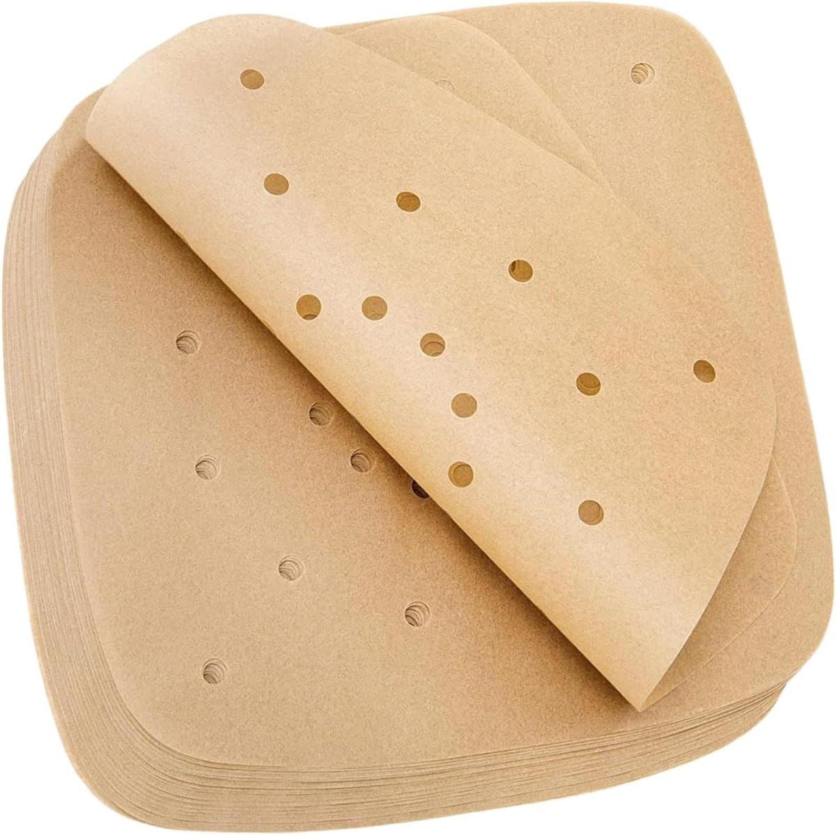 100 stuks Papieren Liners, 18 cm: Non-Stick, Waterdicht, Olie-Proof, Vierkante Liner voor Air Fryer, Steamer, Magnetron, Oven - Bruin Geperforeerd — afbeelding 1