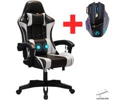Lexorion Gaming Stoel – Ergonomische Gaming Chair – Inclusief RGB Gamingmuis – Verstelbaar – Lederen Gamestoel – 136 kg – Wit– Bureaustoel