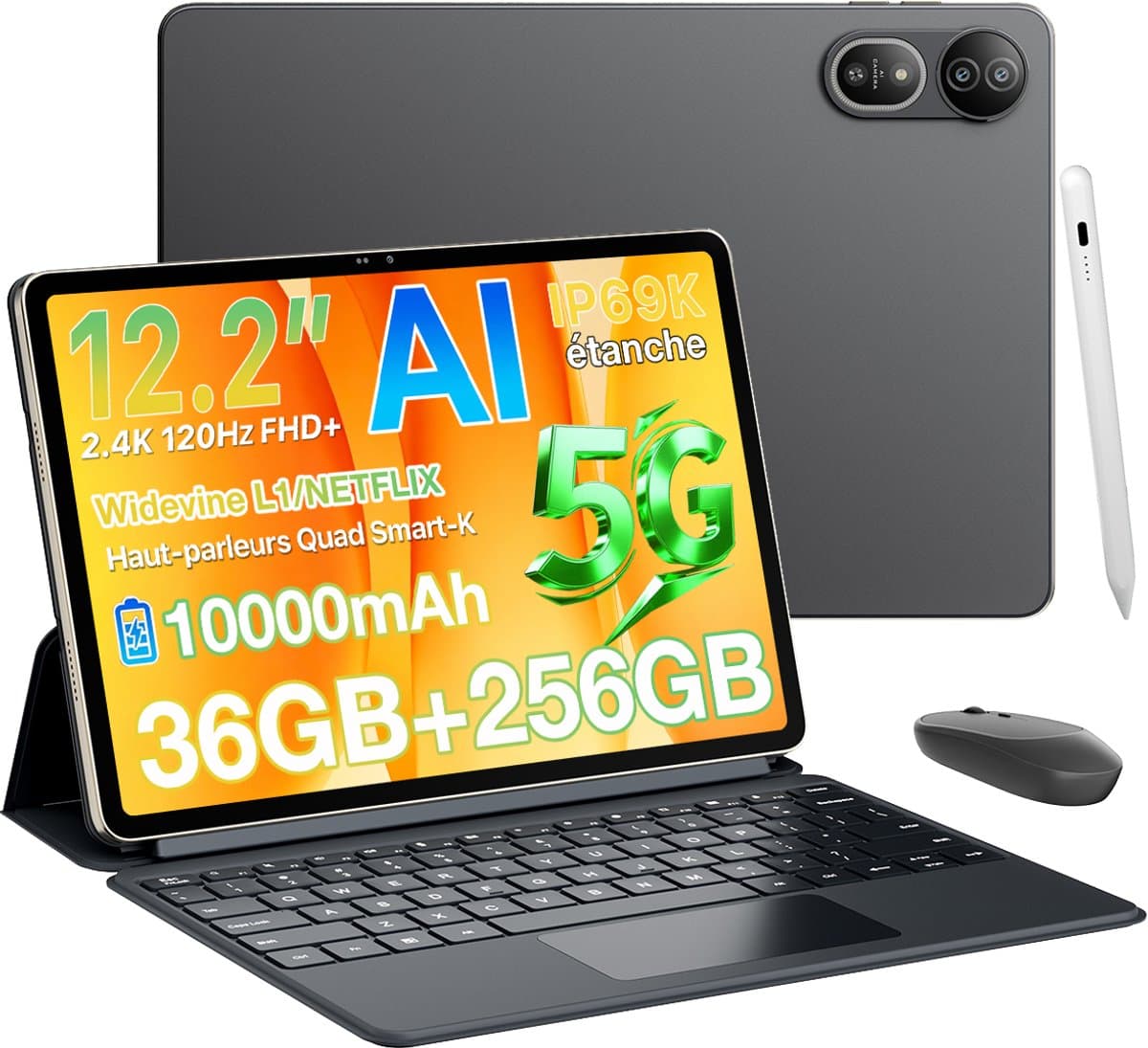 Tablette Blackview Mega 12 - 12,2 inch - Android 16 - 5G - 36GB RAM - 256GB ROM - 10000mAh Accu - 50MP+8MP Camera - Met toetsenbord en stylus - Grijs — afbeelding 1