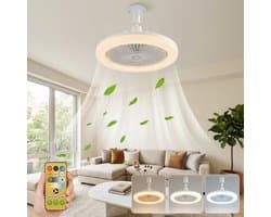 MUPOO Plafond ventilator met LED verlichting E27 Fitting met 360° Draaibaar-APP & Afstandsbediening - Plug & Play -3 Snelheden & Dimbaar - Mini Ventilatorlamp Ø 25cm- lamp ventilator plafond Voor Slaapkamer & Garage - wit — afbeelding 1