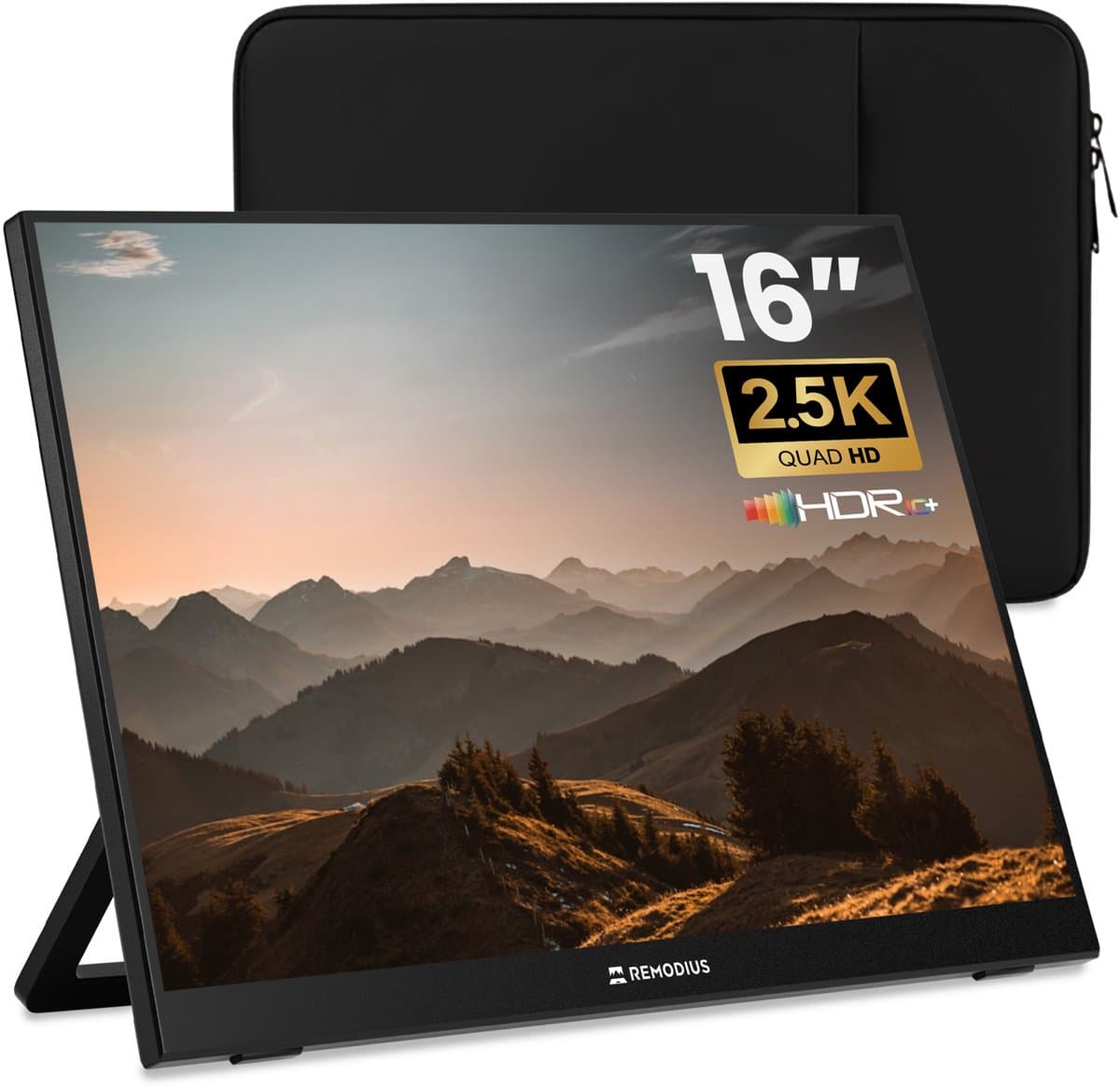 Remodius® Portable Monitor 16 Inch + Sleeve – Ultradunne 2.5K Draagbare Monitor – Reisdisplaybundel met Beschermhoes – USB-C & Mini HDMI – IPS Scherm, HDR, Ingebouwde Kickstand – Voor Laptop, Mac & Smartphone — afbeelding 1