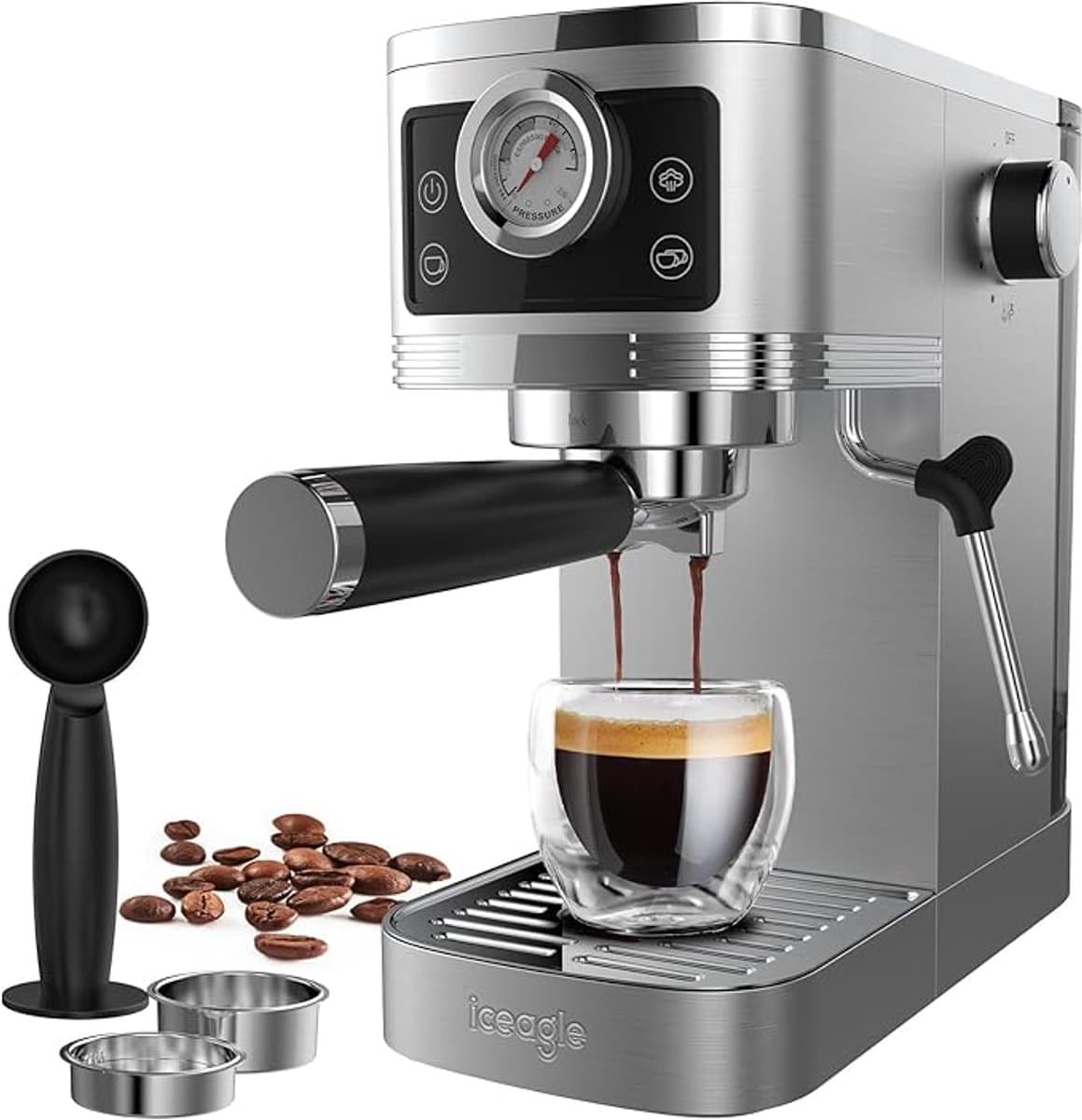 Espressomachine 20 Bar met Melkopschuimer – RVS Espresso Filtermachine – Italiaanse Ulka-pomp – Touchscreen met Drukweergave – 1350 W – 1,3 L – Voor Espresso, Cappuccino & Latte — afbeelding 1