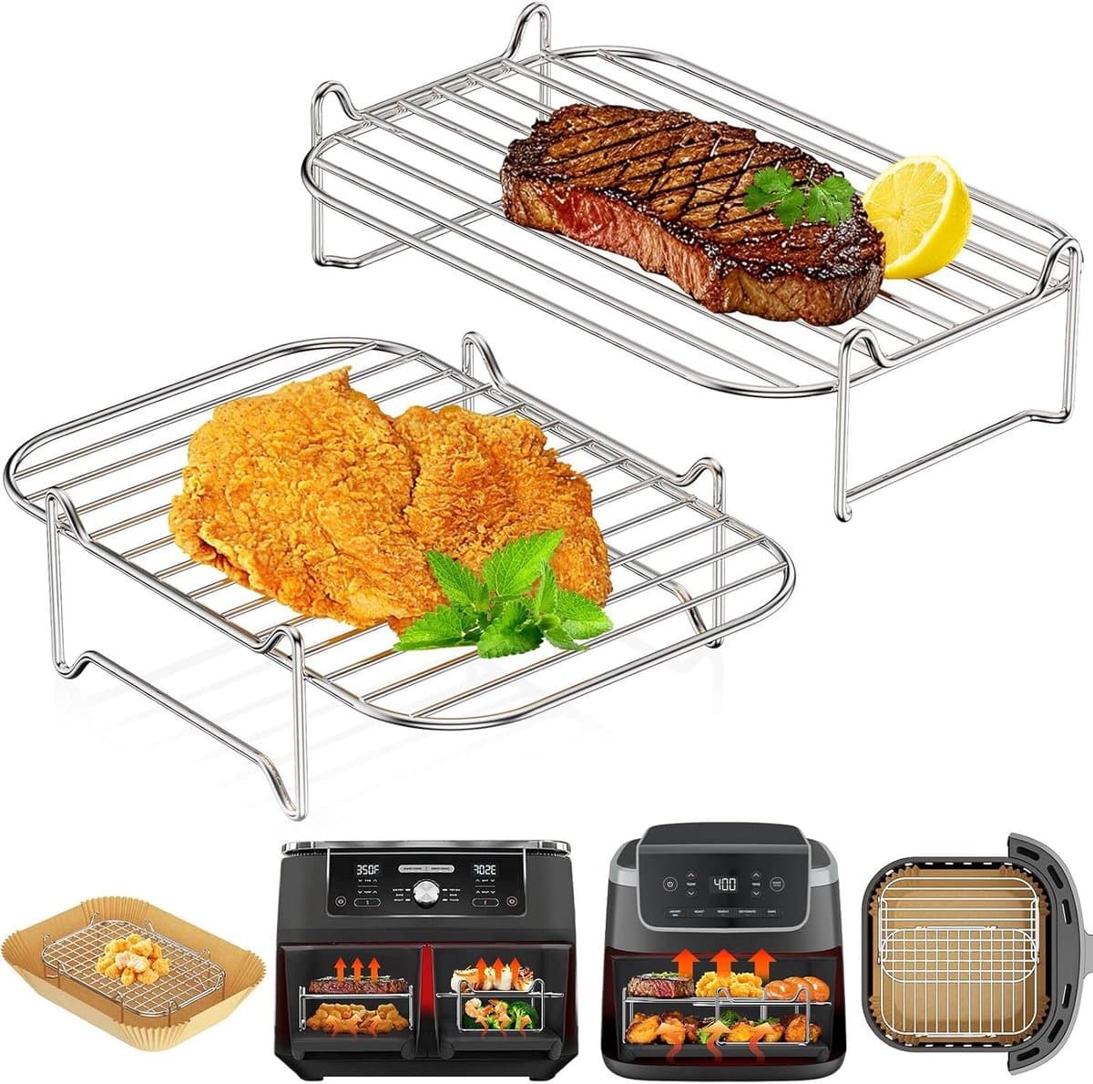 2-delige Airfryerrek - Stapelbaar airfryerrek - Roestvrijstalen airfryerrek - Hittebestendig - Airfryeraccessoires - 20,2*13,1*5,4 cm - Geschikt voor het braden van kip, friet, kipnuggets, enz. - Zilver — afbeelding 1