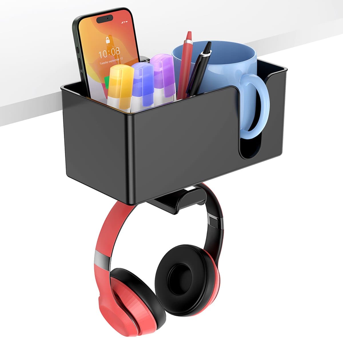 Koptelefoon Houder voor onder Bureau –Met opbergdoos- Verstelbare Headset Stand – Hoofdtelefoon Headset Houder Bureau – Universele Koptelefoon Haak - Zwart — afbeelding 1