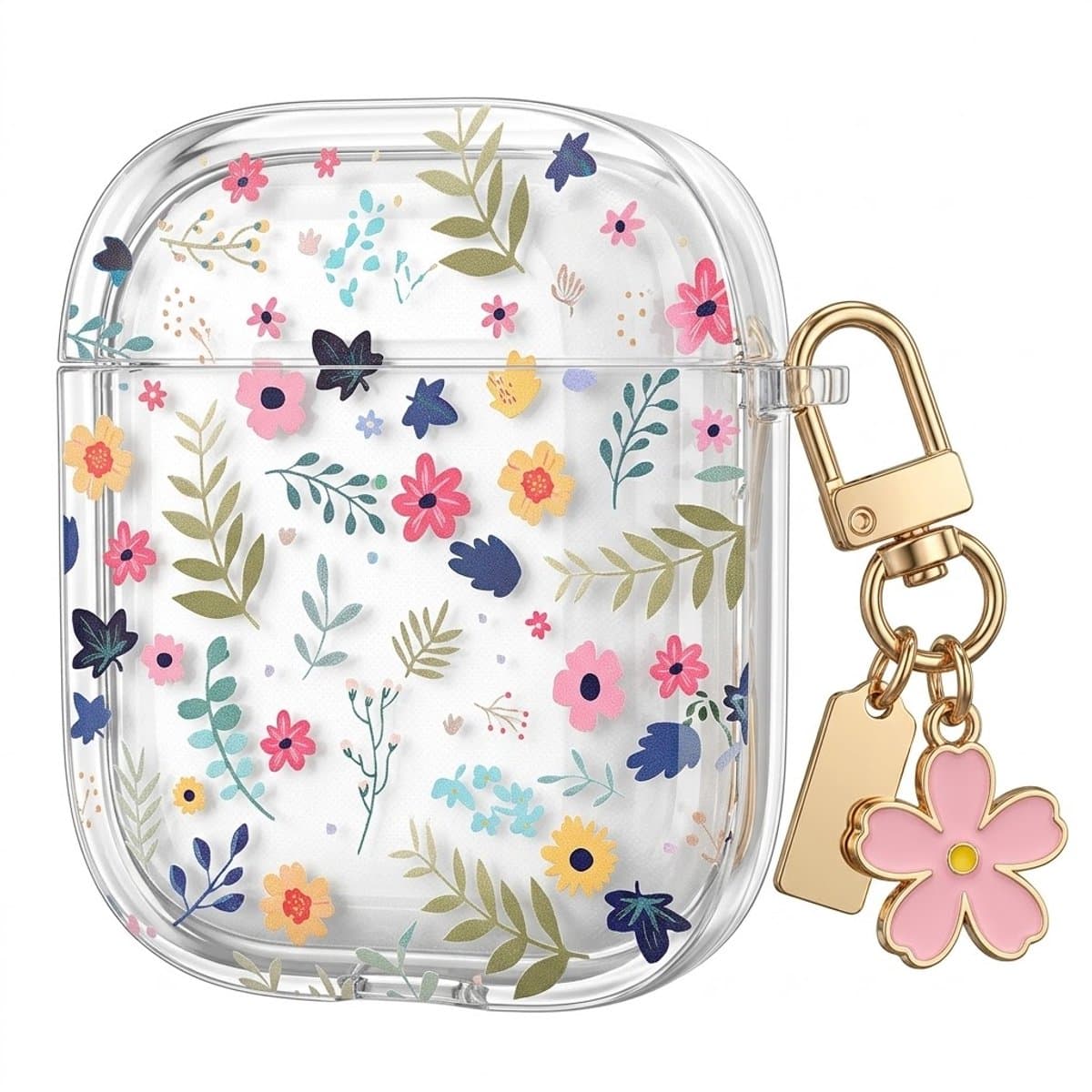 Transparant bloemen patroon hoesje voor oordopjes geschikt voor AirPods 4 – afgeronde hoeken, doorzichtig beschermhoesje met kleine bloemprint, metalen karabijnhaak en decoratieve bloem hanger — afbeelding 1