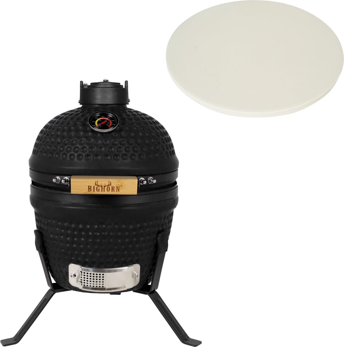 BIGHORN Kamado BBQ 27 cm – Mat Zwart –13 Inch Houtskool Barbecue - Keramische Houtskool BBQ – Inclusief Pizzasteen – Kamado Grill voor Grillen, Roken & Bakken – Met Thermometer – Compact voor Balkon en Tuin — afbeelding 1