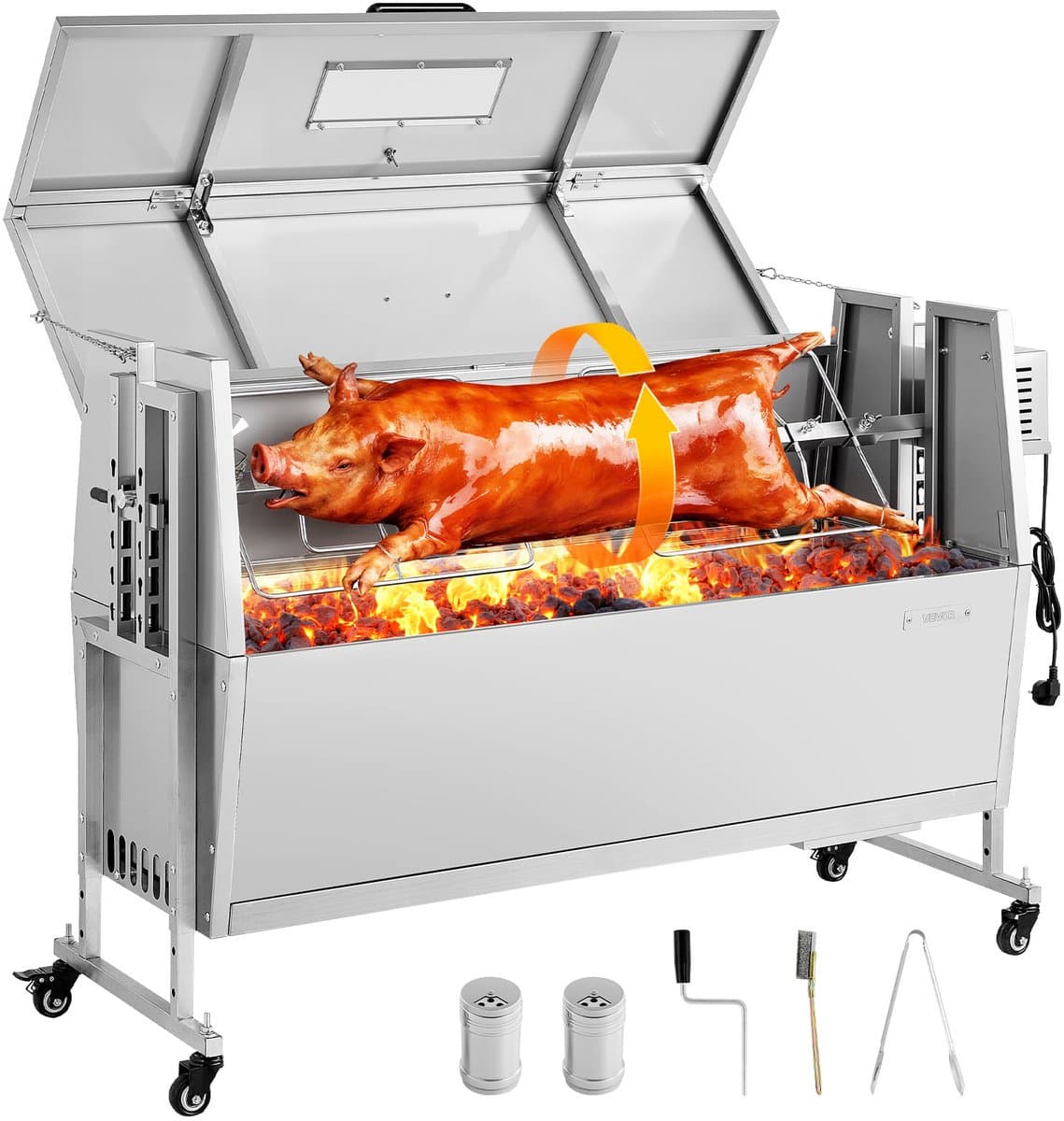 VEVOR Rotisserie Grill 38W Speenvarken Grill Lam Grill Houtskool Grill (1168,4 mm Grilllengte) met 60 Kg Draagvermogen & Wielen & 4-Voudige Hoogteverstelling & Deksel, Roestvrijstalen Elektrische Grillset Voor Kamperen — afbeelding 1