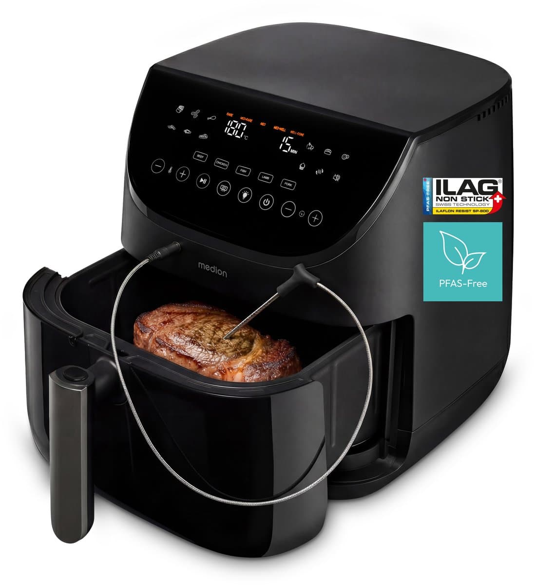 MEDION X20 XL Heteluchtfriteuse (6,6 L, 5 vleesprogramma’s met kerntemperatuursonde, stille DC-motor 1.700 W, 10 programma’s, PFAS-vrij, ILAG coating) — afbeelding 1