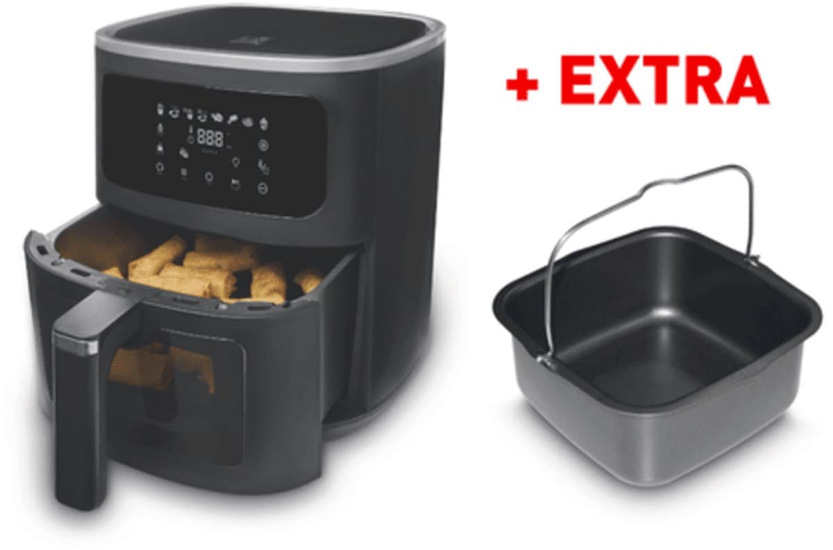 FRITEL Airfryer SnackTastic® 7720 – Heteluchtfriteuse 8L Incl. Extra Cakevorm - Airfryer XXL – 1700W – Voor 1-8 Personen – Touchscreen – Airfryer met Kijkvenster & Verlichting – 8 Programma’s – PFAS-vrij – Zwart – Met Bakvorm voor Cake — afbeelding 1