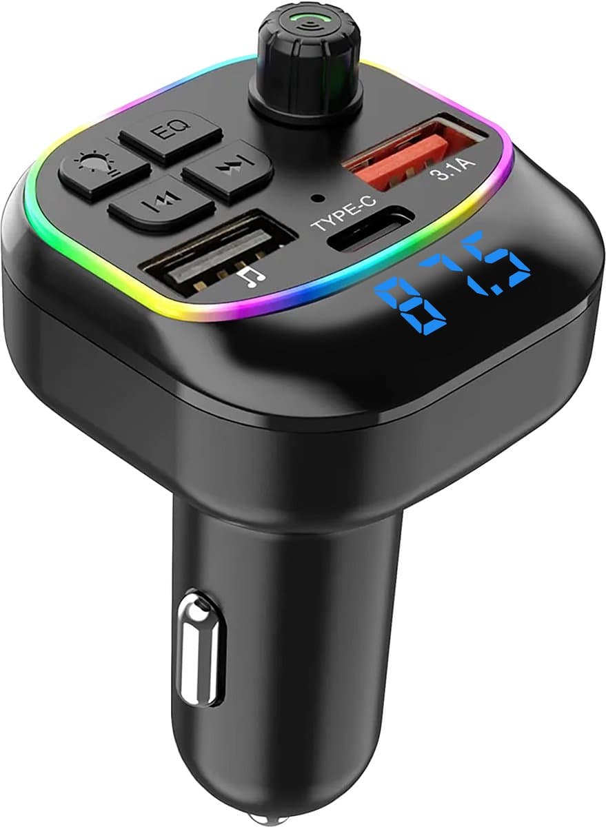 Bluetooth Transmitter - FM Transmitter voor Auto - Carkit met Handsfree Bellen - Bluetooth Auto Ontvanger - Autolader USB-C - SD Kaart — afbeelding 1